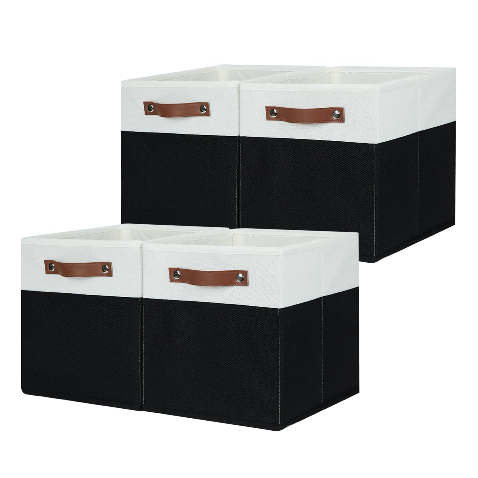 UUDULY  Fabric Storage Cubes for Shelves 11 x 11 Inch Foldable Bins with Leather Handles for Clothes Nursery Home Organizer White Beige 4 pack