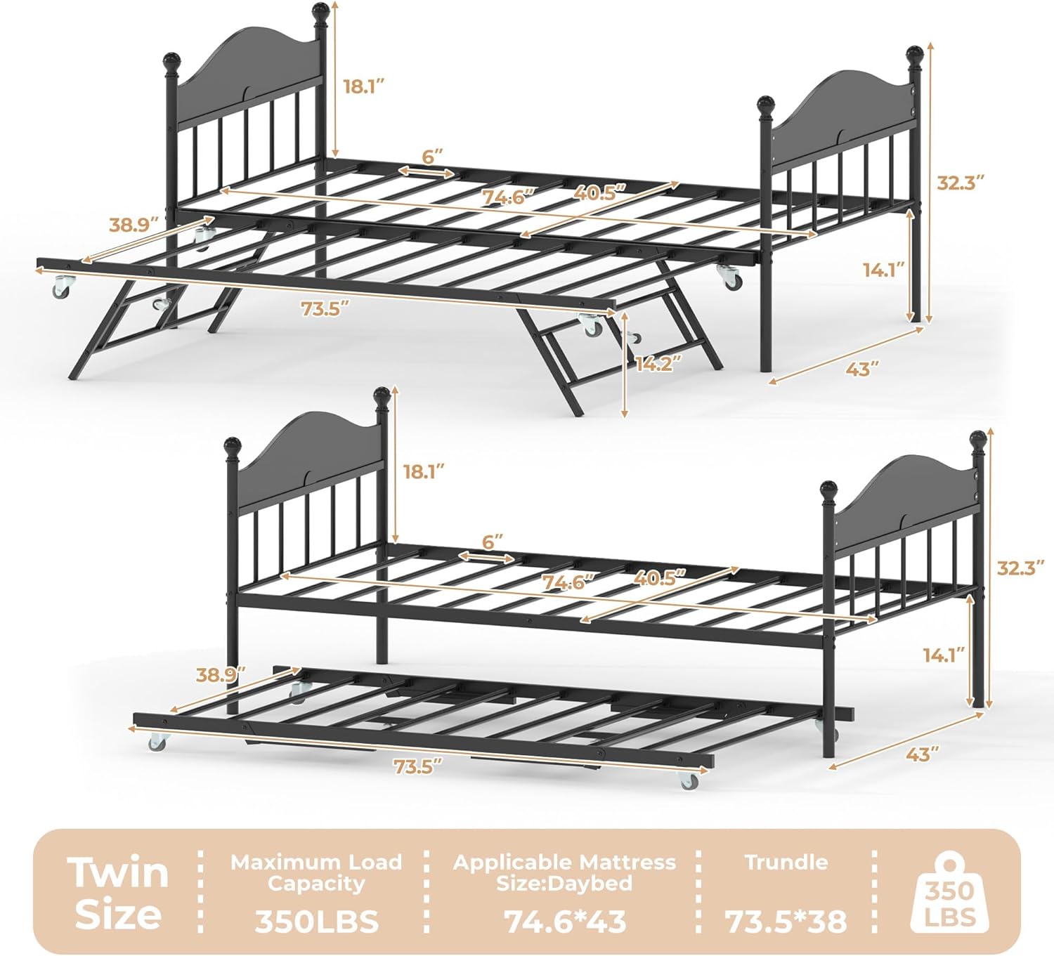IdealHouse Twin Size Black Metal Daybed With Trundle Foldable Design ...