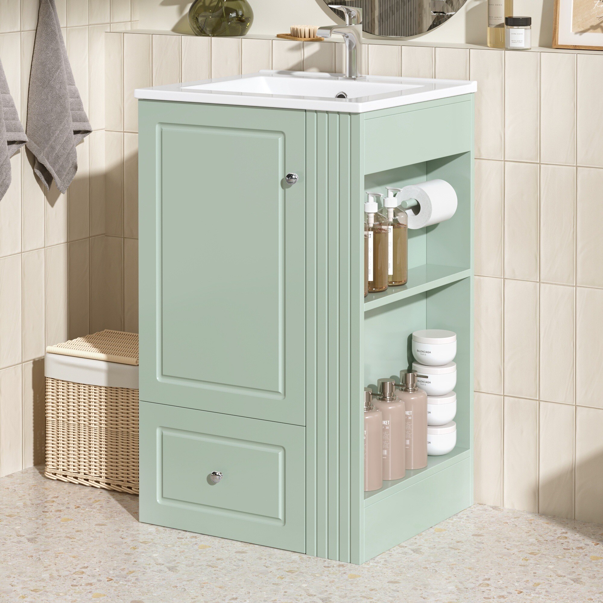 IAK 20 inch Green MDF Board and Pine Wood Freestanding Bathroom Vanity with Ceramic Sink and Soft Close Drawer