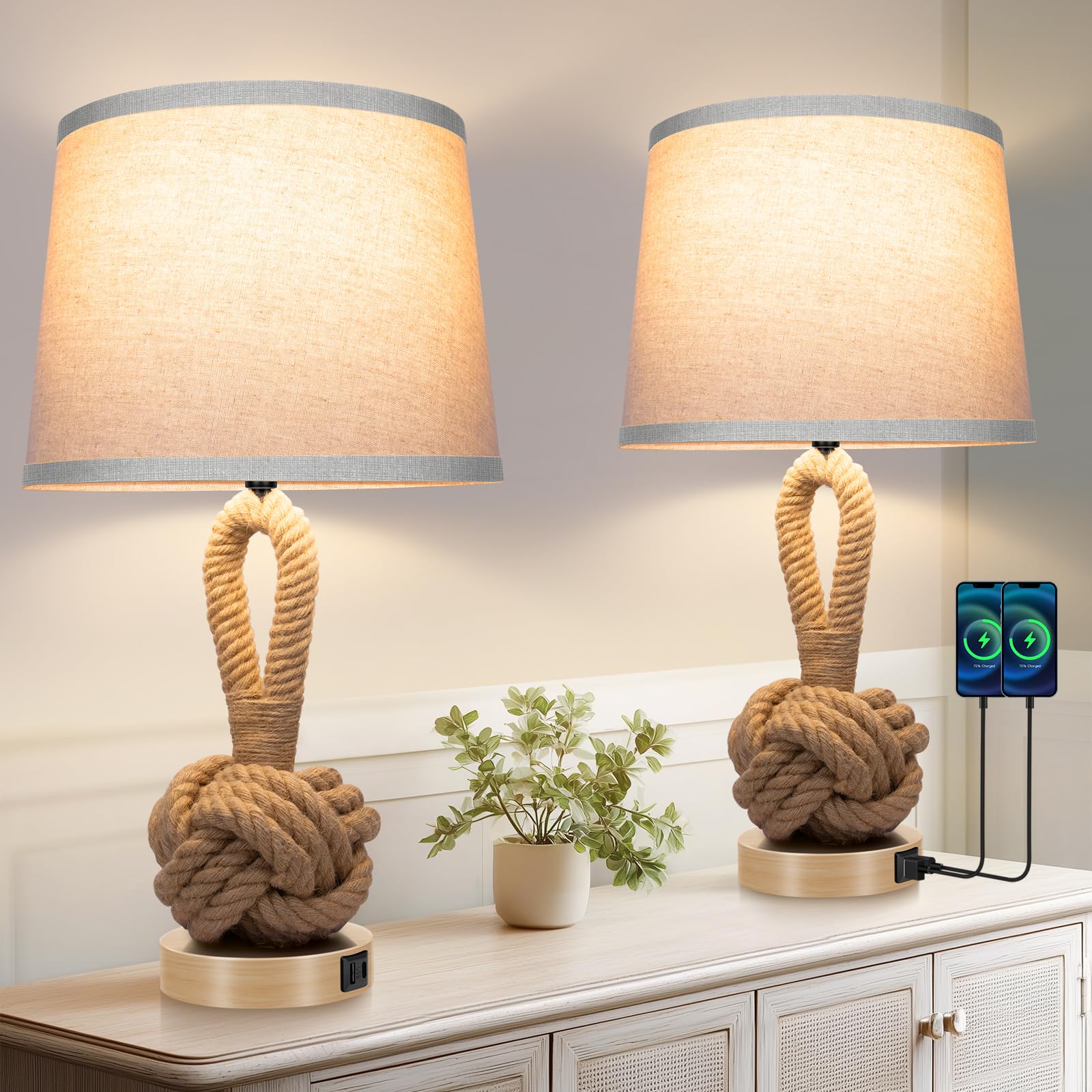 IUEST 22 Inch Rope Lamps Set of 2 Bedside Table Lamps with 3 Color ...
