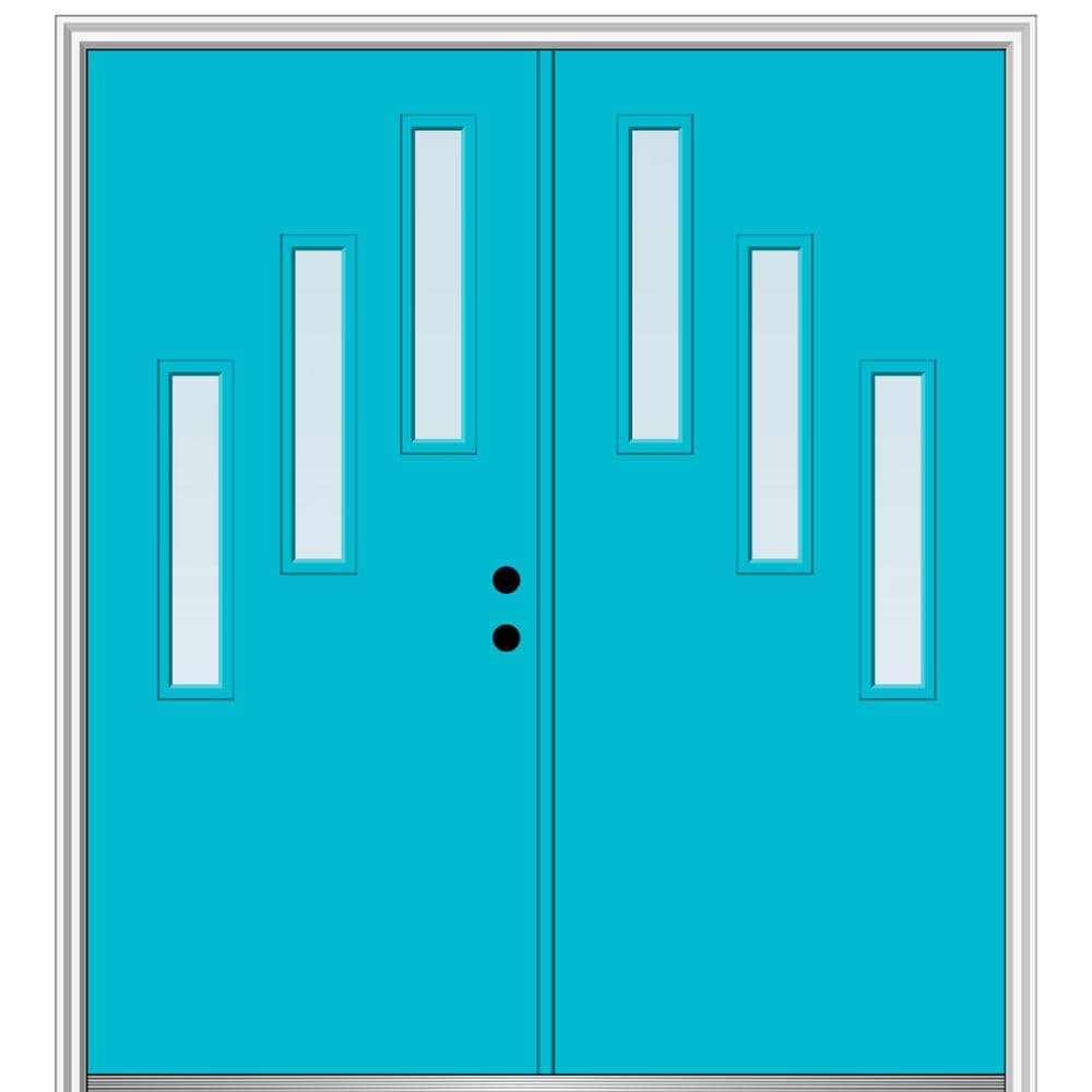 MMI DOOR ZZ349417L Spotlights 72-in x 80-in x 6-9/16-in Fiberglass Pulse lite Left-hand inswing Bahama Blue Painted Prehung Double Front Door with Brickmould Insulating core