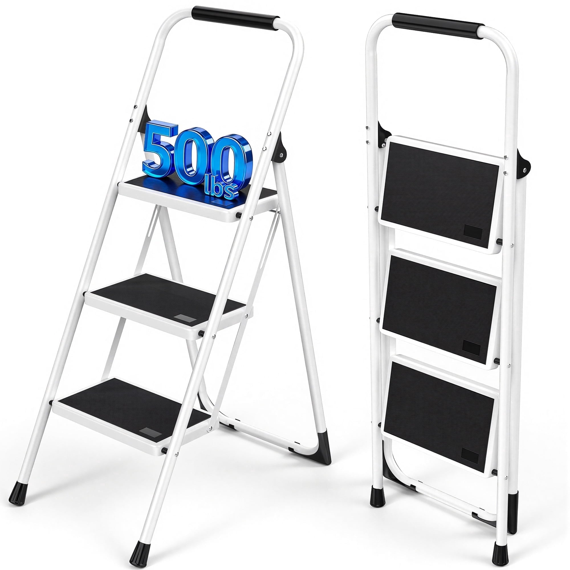 SUGIFT 3 Step Ladder Folding Step Stool with Cushioned Handle Wide Anti-Slip Pedals 500-lb Capacity for Home Kitchen and Workplace