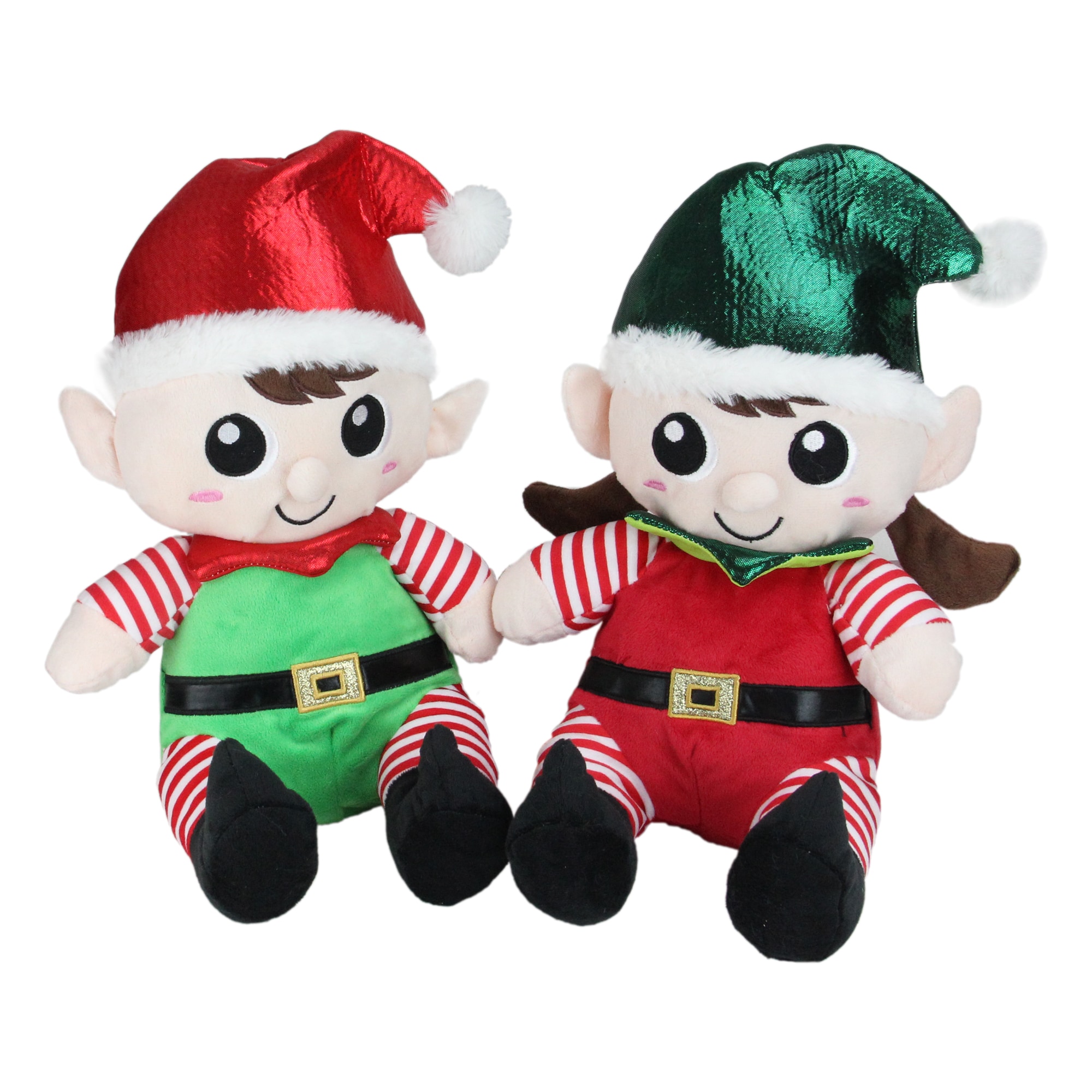 Northlight 32636747 13-in Plush Sitting Boy and Girl Christmas Elf Figures - 13" - Red and Green - Set of 2 Elf Christmas Decor