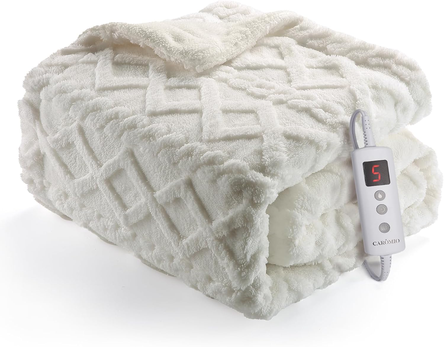 Qeetex LHF-DRT-QCP8X013 Heated Throw Blanket - Thick Tufted Sherpa Electric Blanket Throw with 10 Heating Levels and 10 Time Settings ETL Certified Machine Washable Fast Heating Blanket Throw 50x60 Inch Off White