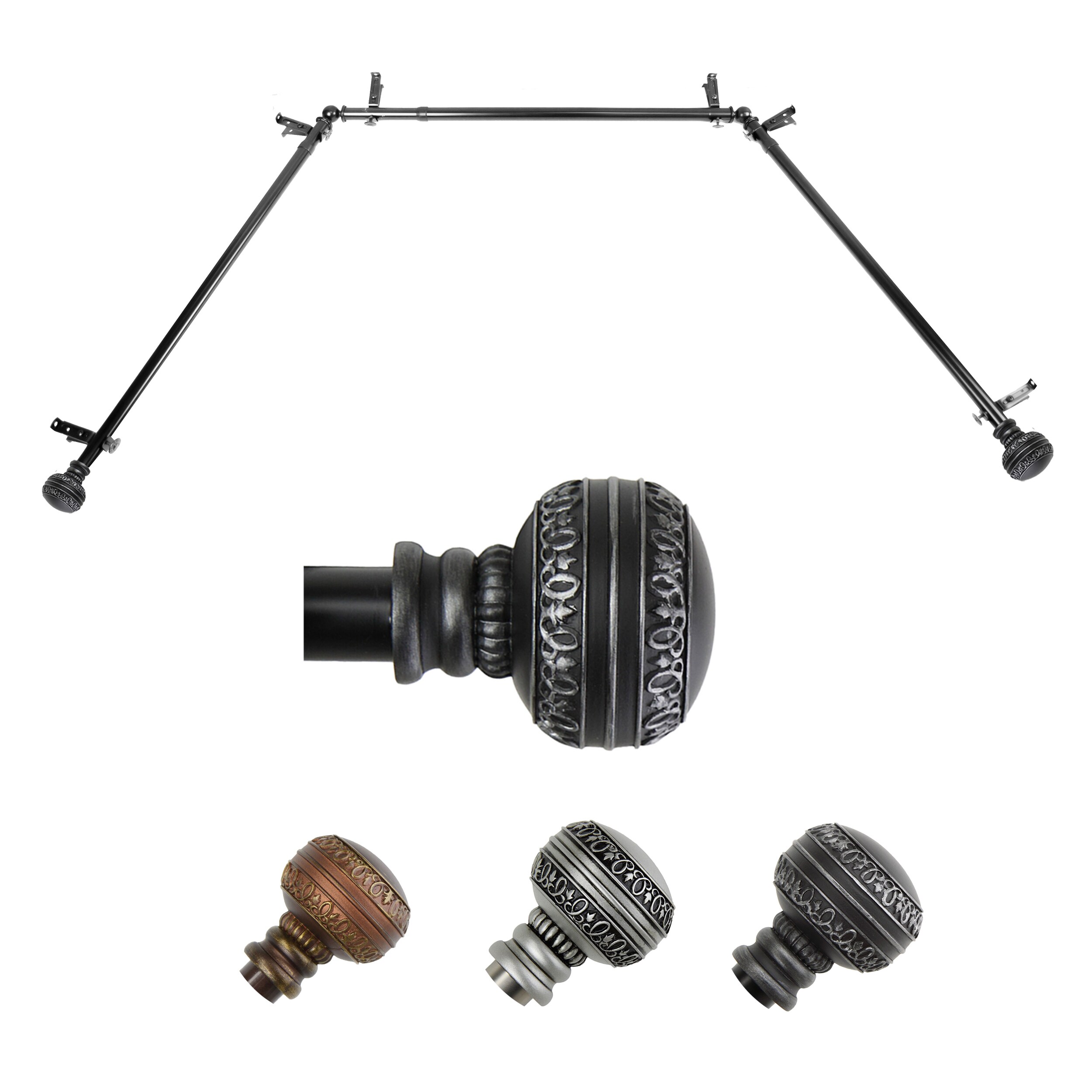 Hart & Harlow LO-ABAY-02-2 72-in to 144-in Black Steel Bay window curtain rod with Finials