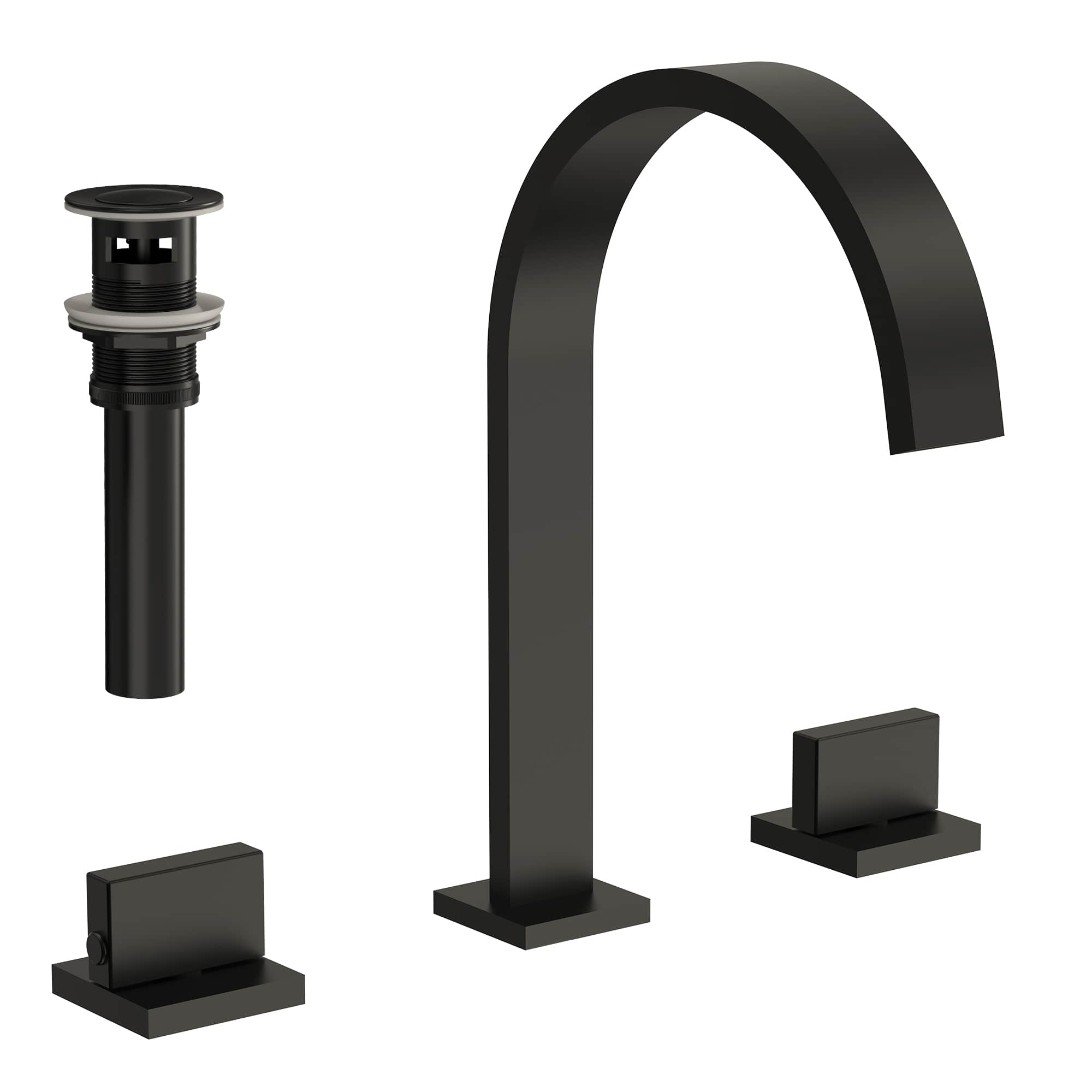 EVERSTEIN SFS-1151-BK Waterfall High-Arc 3-Hole 8 in. Widespread Double Handle Bathroom Faucet in Matte Black Pop-Up Drain Included