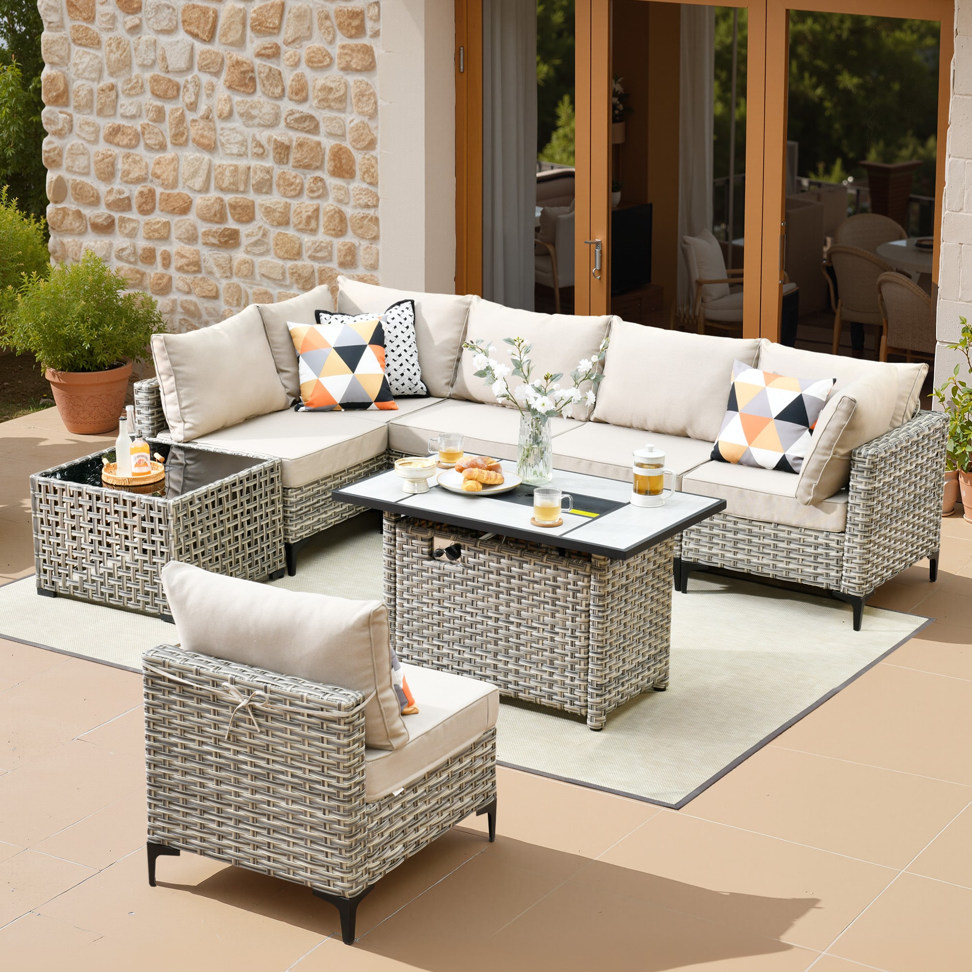 ALTRIGUS 6L-CFP-SKT608-AL 8 -Piece Wicker Patio Sofa Conversation Set with Beige Cushions