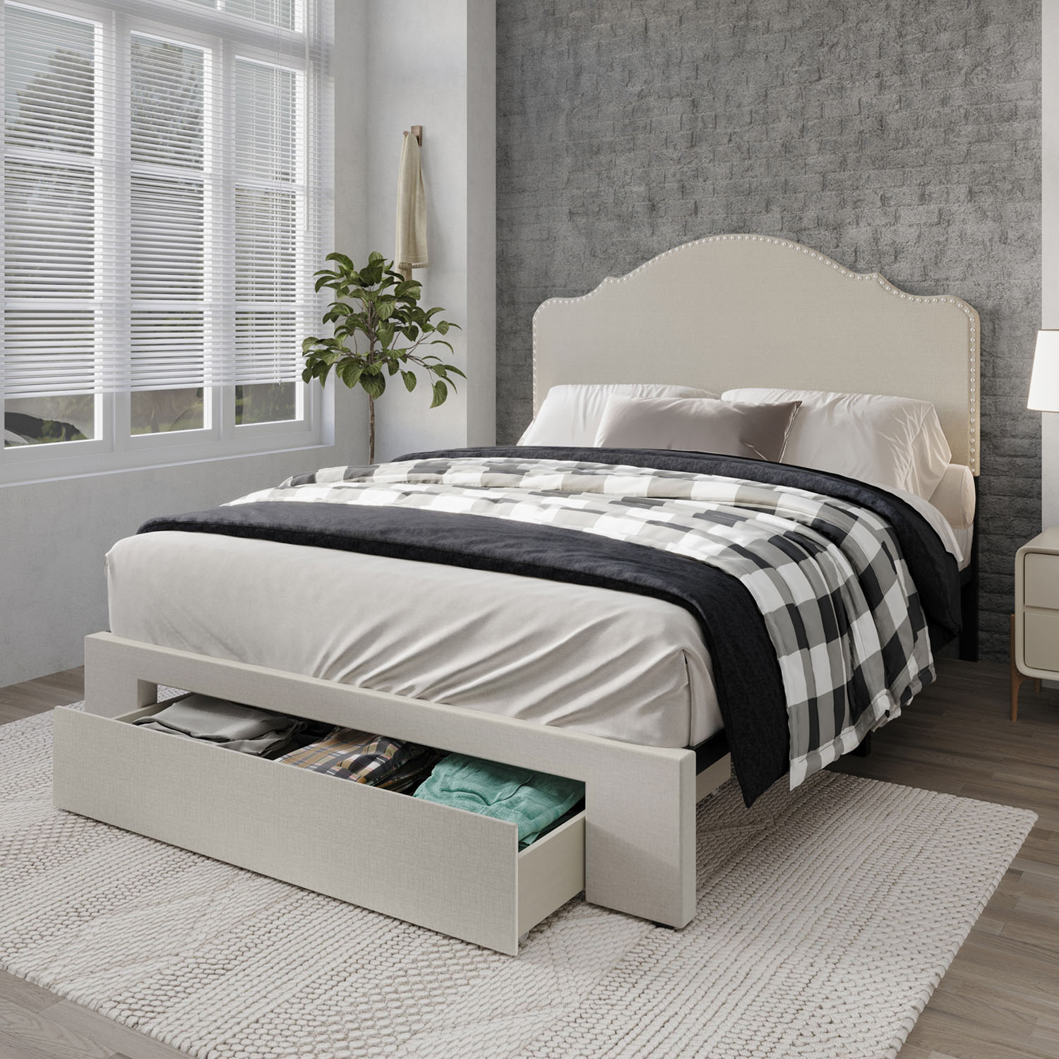 CasePiece C8363KUBS-WGY-LN Warm Grey King Wood Upholstered Bed with Storage