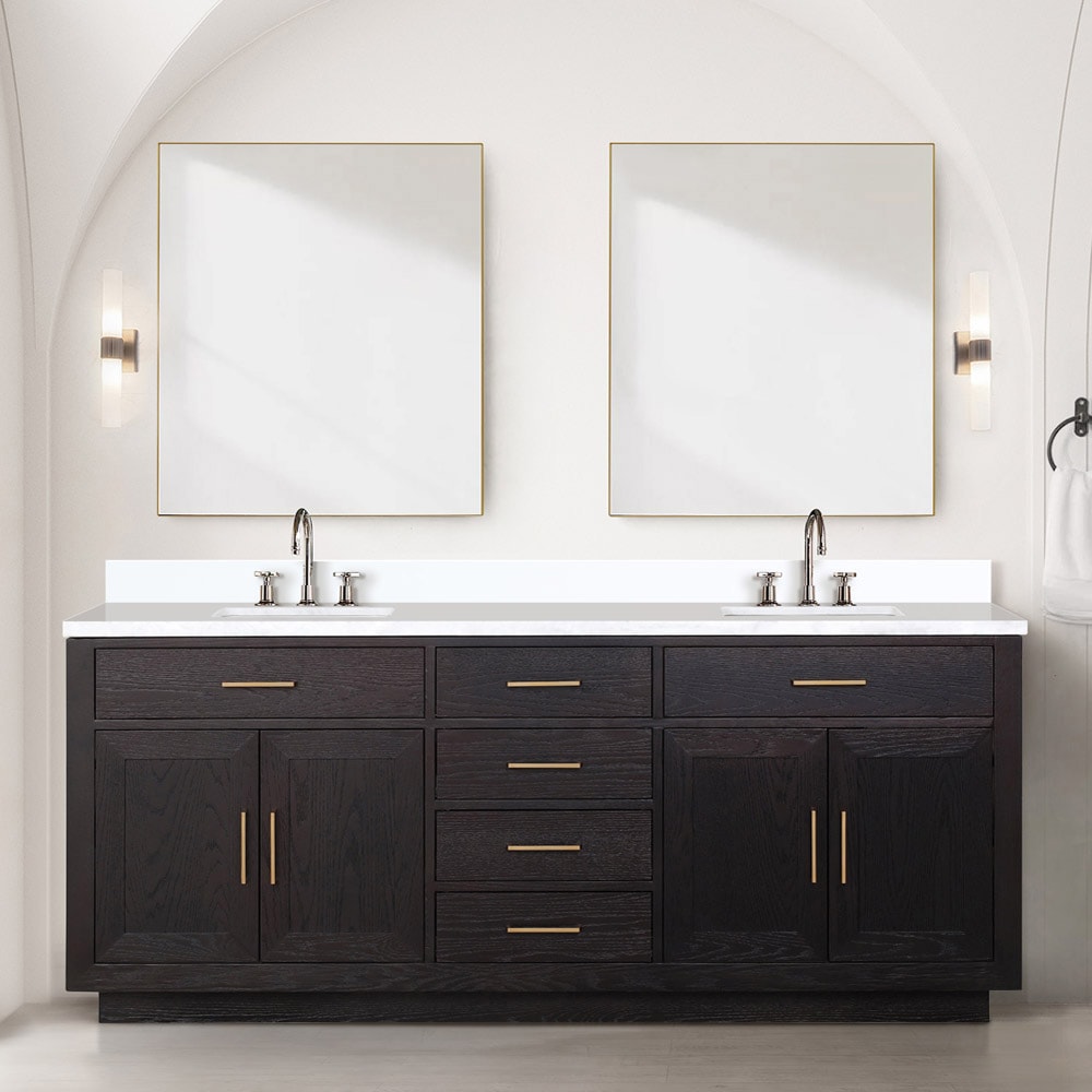 Lexora LVGI80DJ311 Gilroy 80-in Black Oak Undermount Double Sink Bathroom Vanity with White Cultured Marble Top (Mirror and Faucet Included)