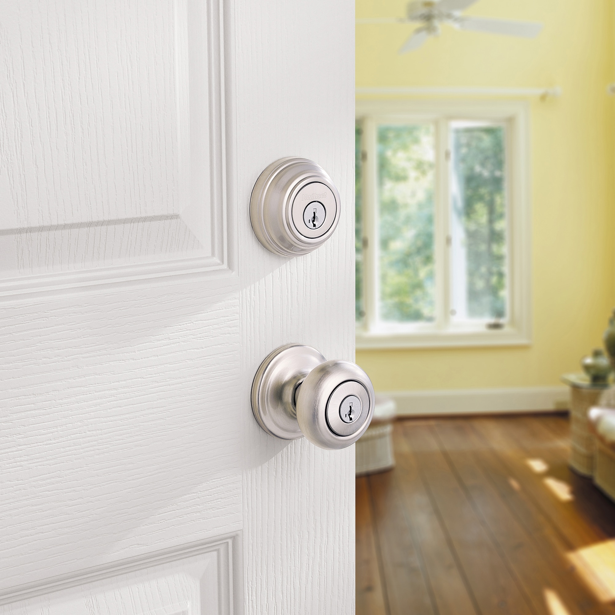 Kwikset Juno Satin Nickel Exterior Entry Door Knob and Single Cylinder  Deadbolt Combo Pack Featuring SmartKey Security 99910-034 - The Home Depot