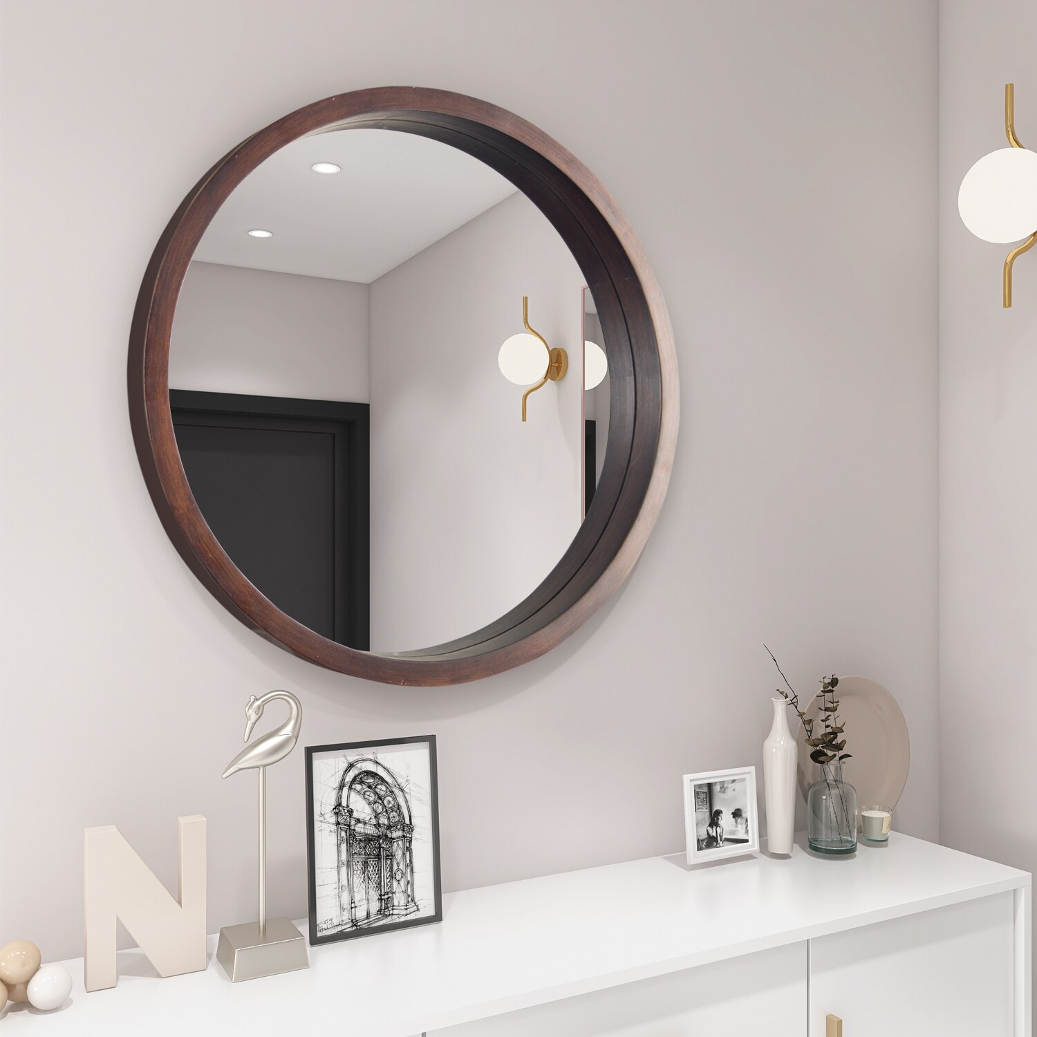 Kahomvis 24-in W x 24-in H Round Walnut Brown Framed Wall Mirror in the ...