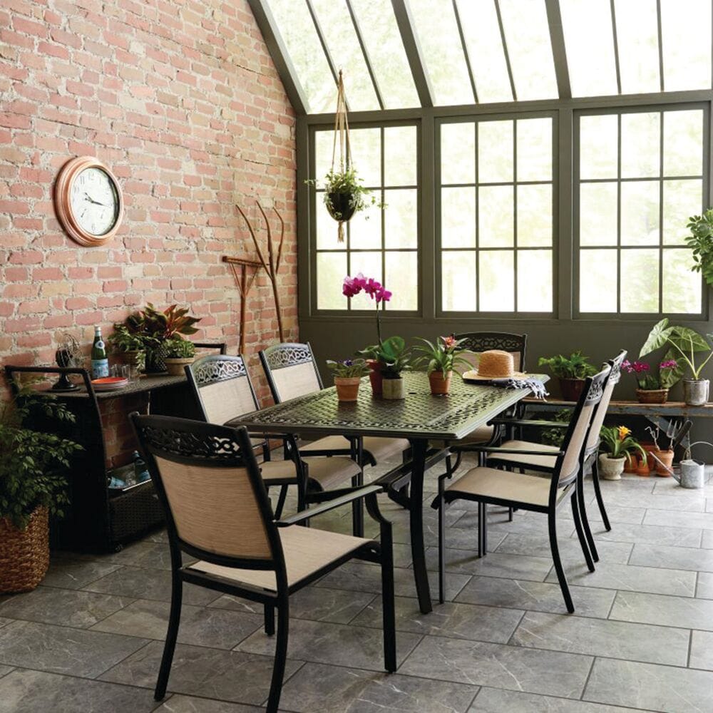 Hanover LISBON7PC-TAN Lisbon 7 -Piece Black Patio Dining Set Aluminum Rectangle Table with 6 Tan Stackable Stationary Chairs