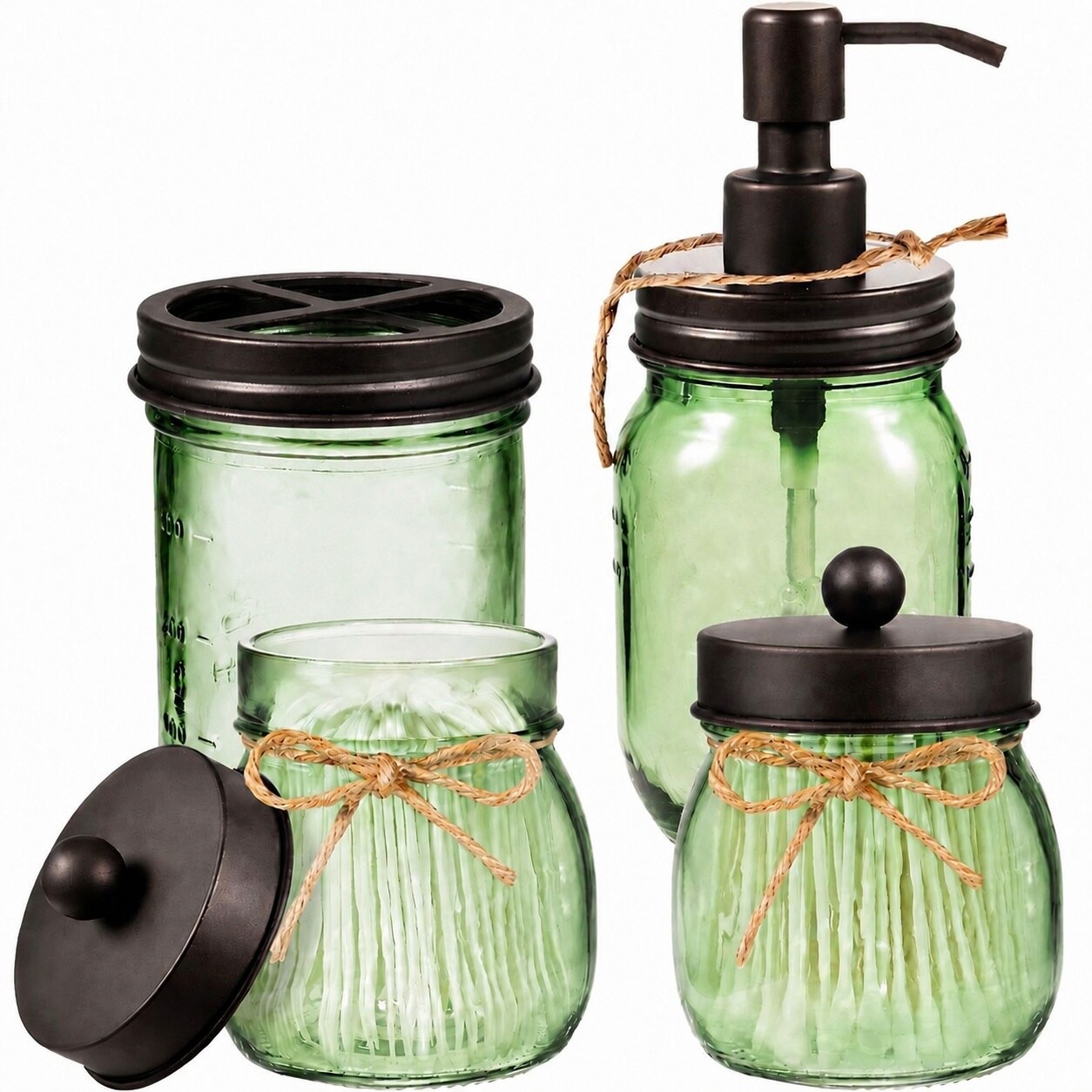 Aoibox  Green Glass Mason Jar Bathroom Set with Lotion Dispenser Toothbrush Holder 2 Qtip Holders Bronze