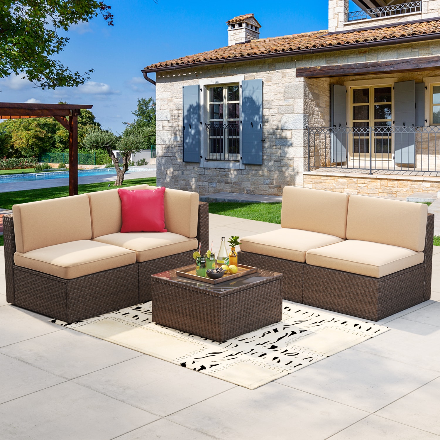 AOXUN LS-035BRAC-5 5 -Piece Rattan Patio Sofa Conversation Set with Brown Cushions