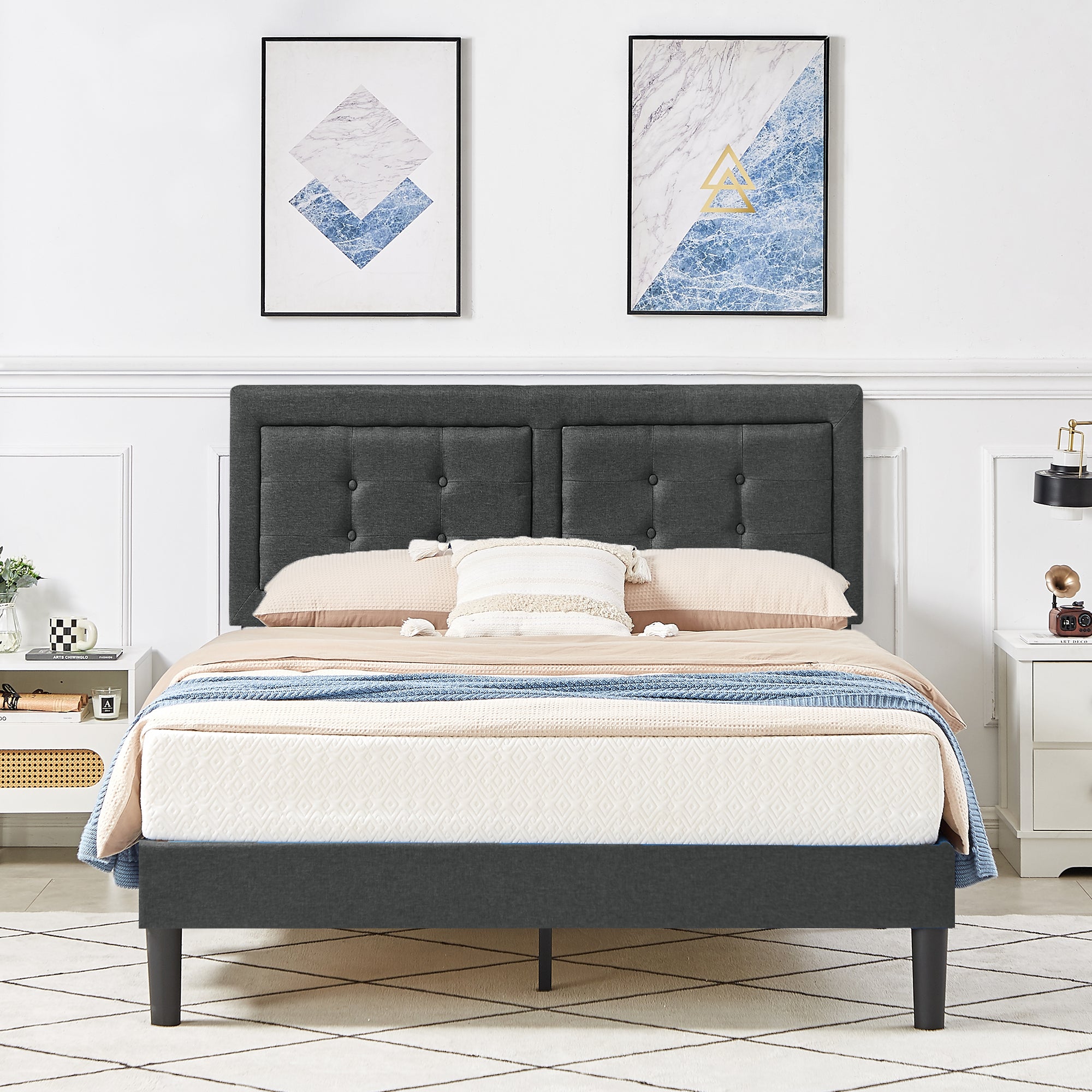 Vecelo LOE-BTJ-RQ01 Queen Size Bed Frame with Dark Gray Adjustable Headboard Upholstered Platform Bed frame with Wood Slats Support