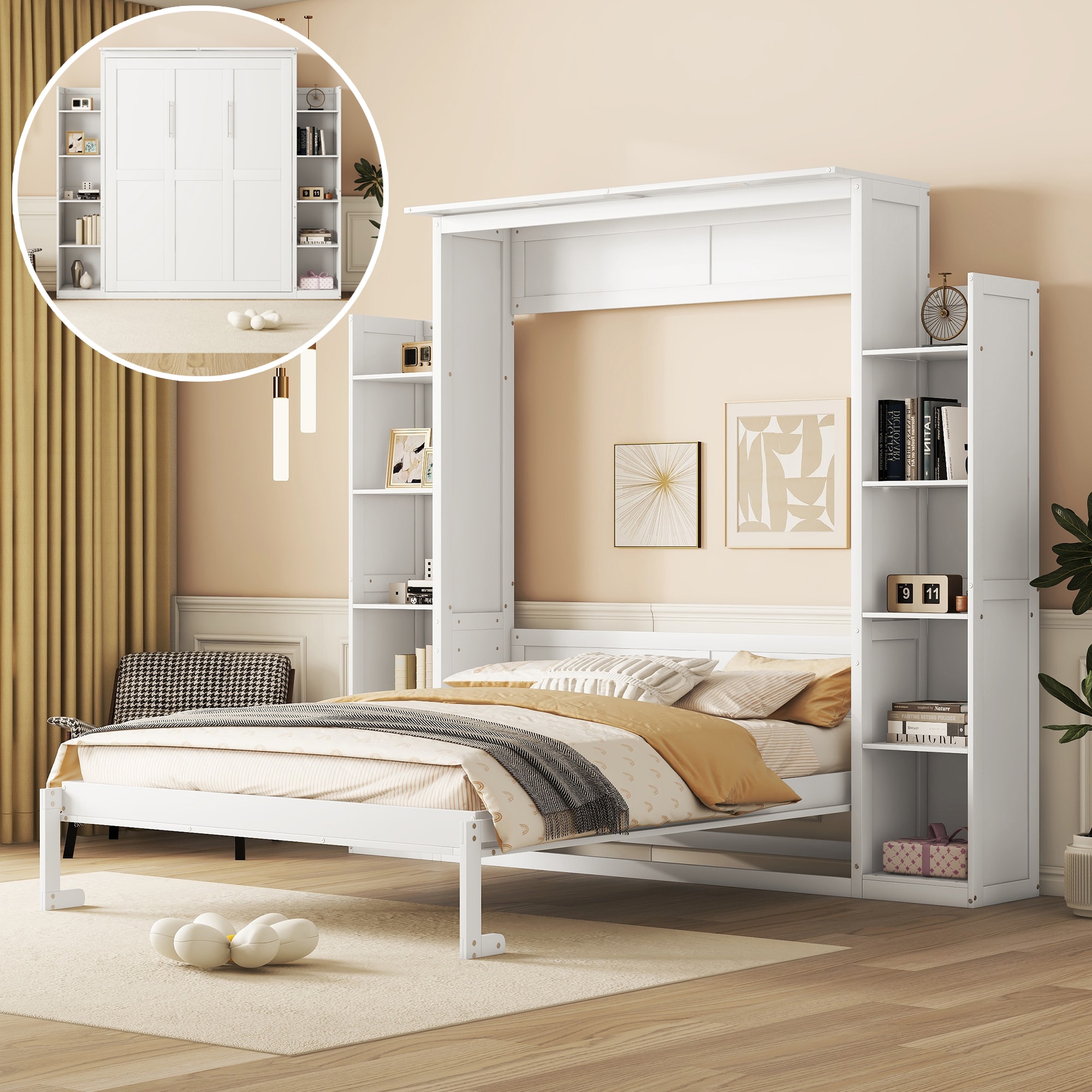 JIMSMAISON JMLFFB29W White Queen Wood Murphy Bed with Storage
