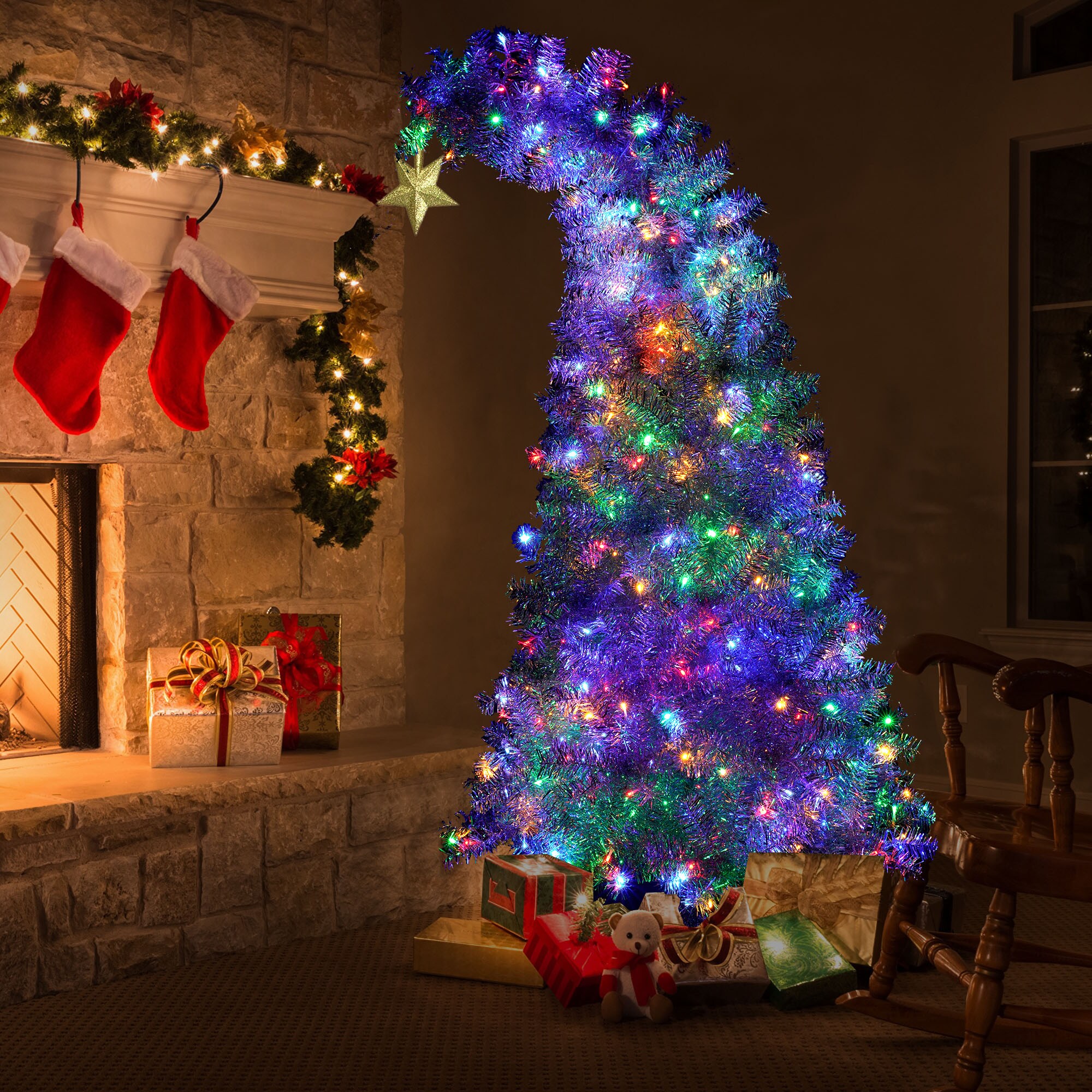 WELLFOR Remote Control Tree 8-ft Pre-lit Flocked Artificial
