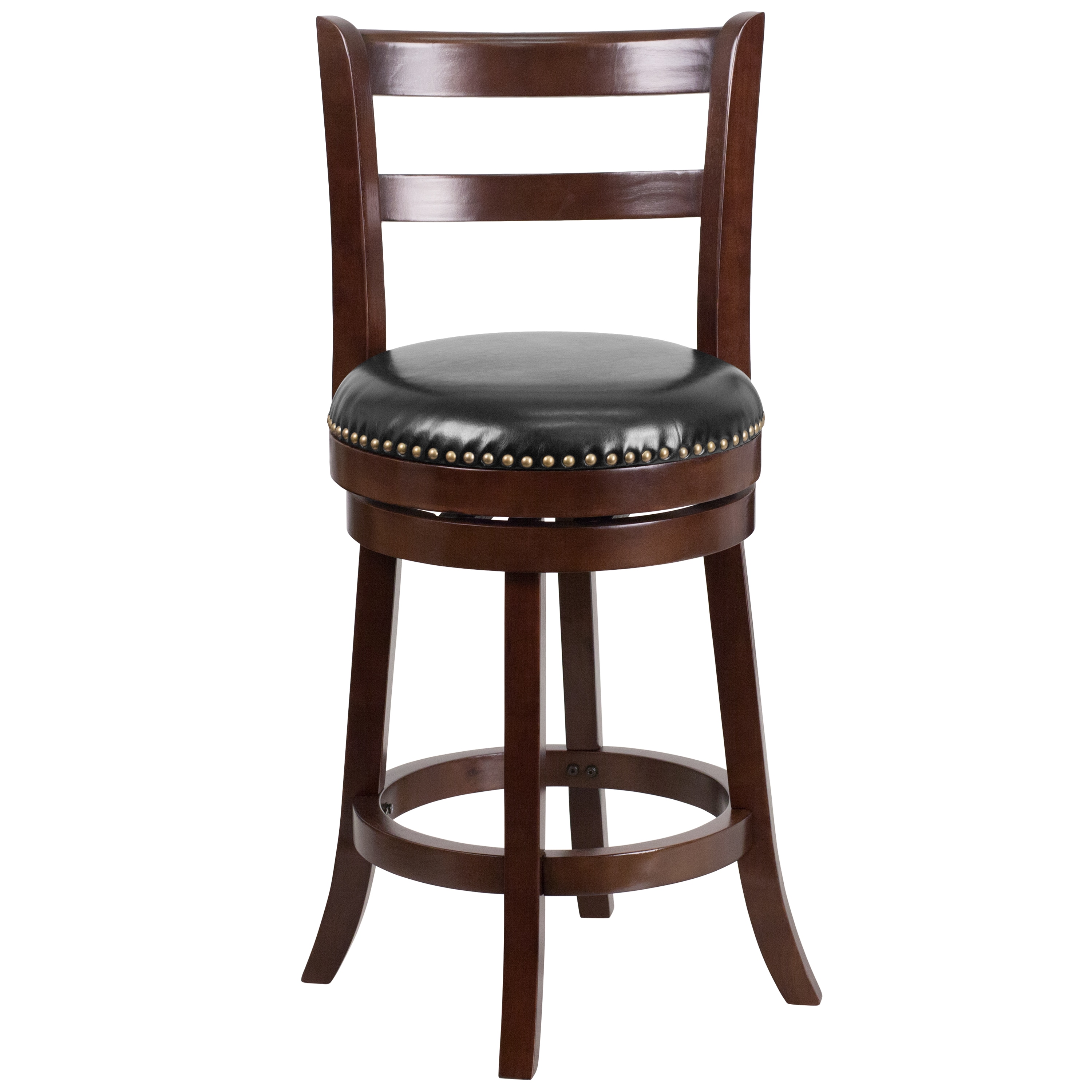 Cappuccino Wood and Black Leather Swivel Counter Stool, 26'' High