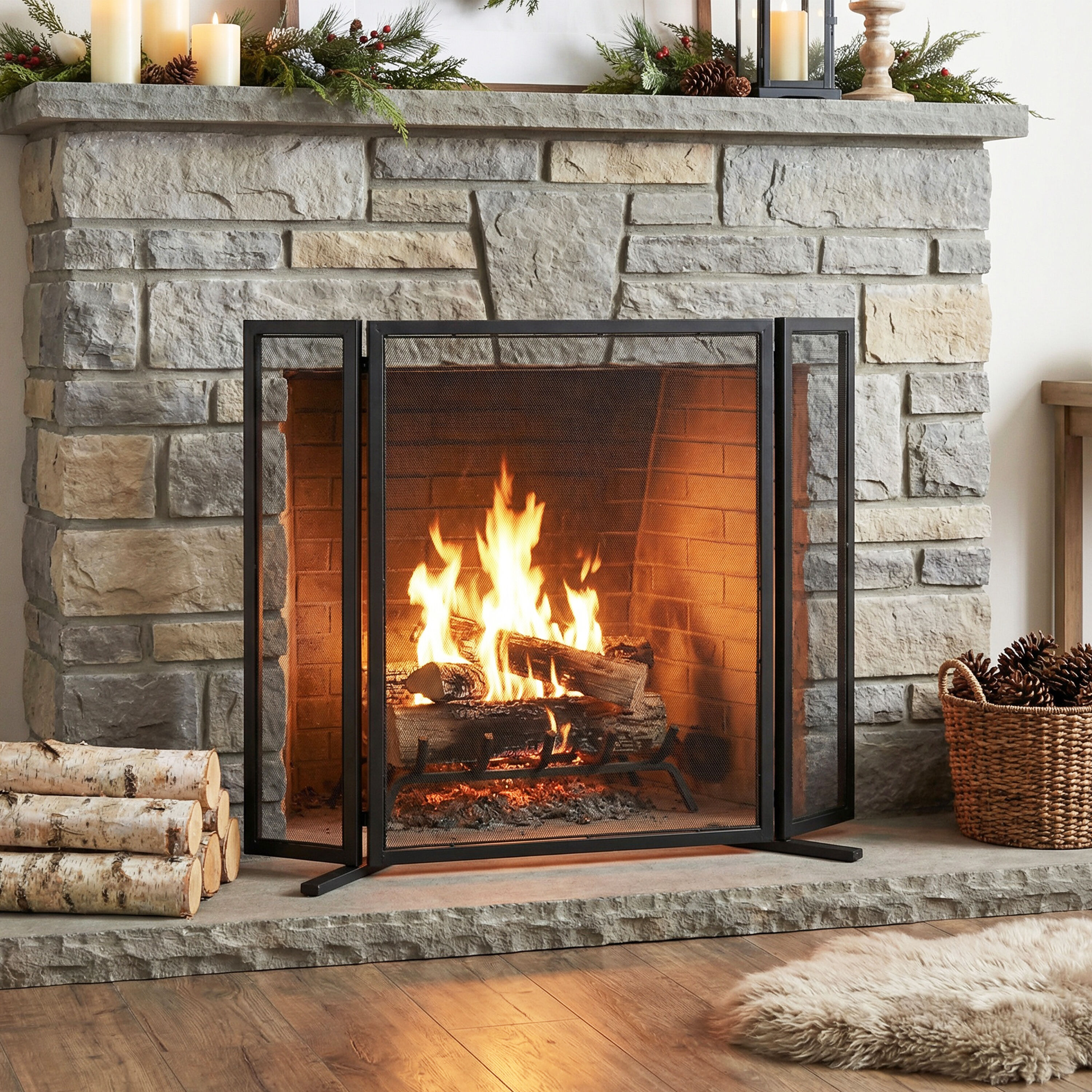 Christopher Knight Home Uriah Quiana 3 Panel Iron Fireplace Screen 40 Inch W x 31 Inch H in Black Finish #362843