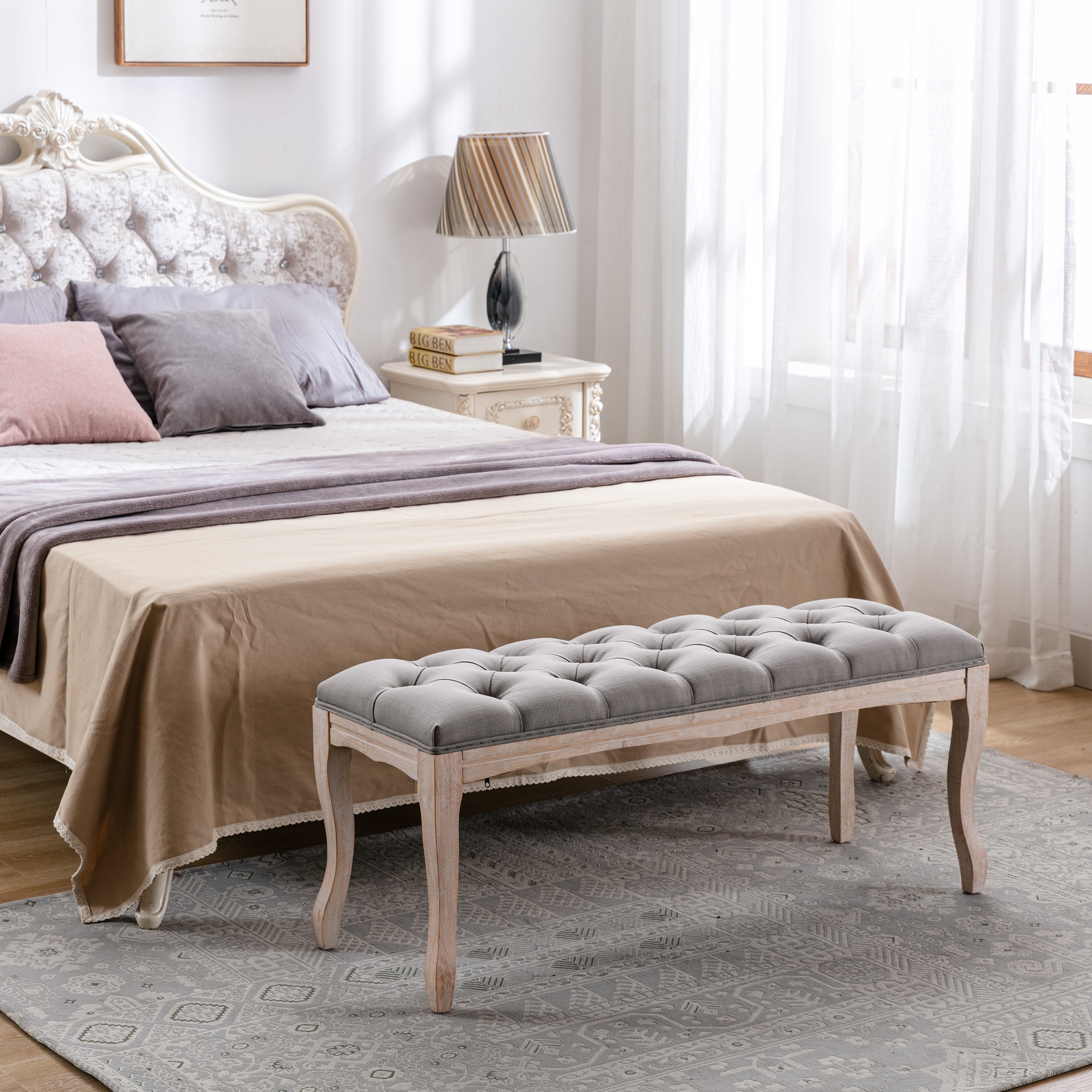 KTMBDW - 43.3 Inch Bedroom Bench French Tufted Entryway Bench with Wood Legs for Living Room Bedr...