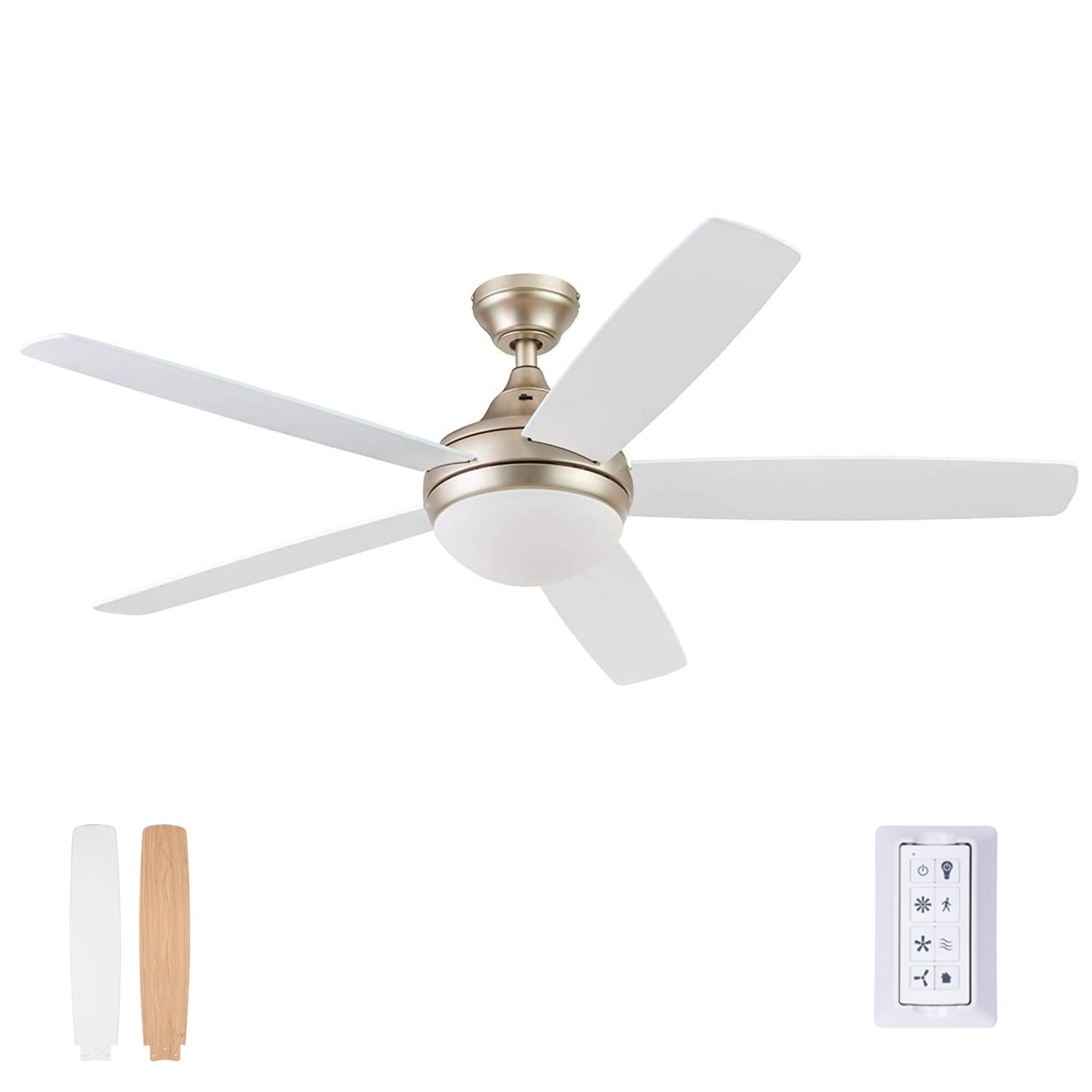 Prominence Home Ashby 52-in Champagne LED Indoor Downrod or Flush Mount Ceiling  Fan with Light Remote (5-Blade) in the Ceiling Fans department at