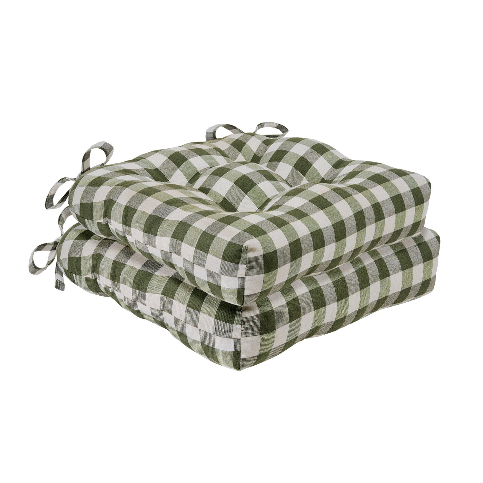 KATE AURORA Set of 2 Country Farmhouse Plaid Stain Water Resistant Chair Cushions Sage