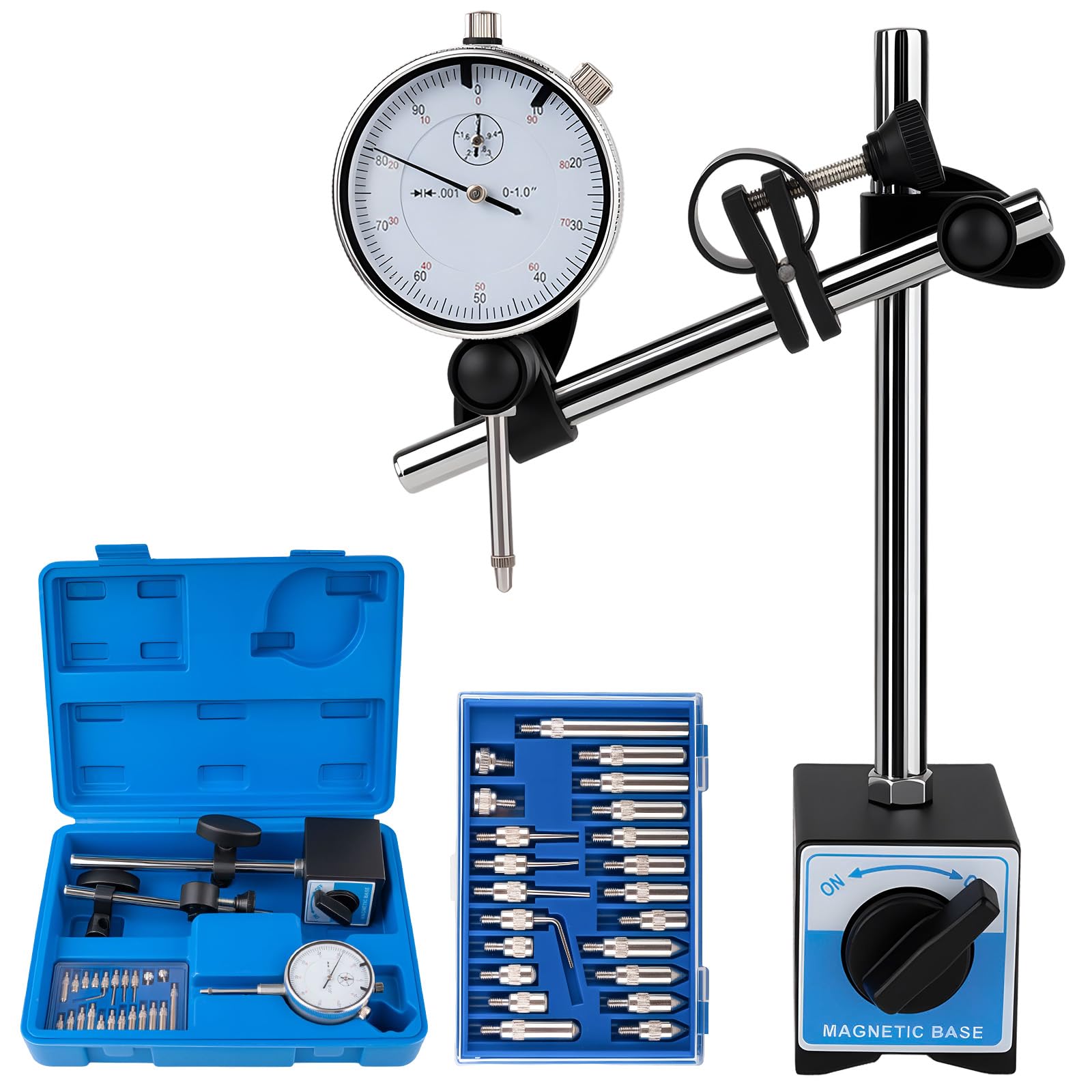 CYIKE  Dial Indicator with Magnetic Base 0 to 1 Inch Range 0.001 Inch Resolution 360 Degree Rotatable Arm and 22 Point Contact Set for Precision