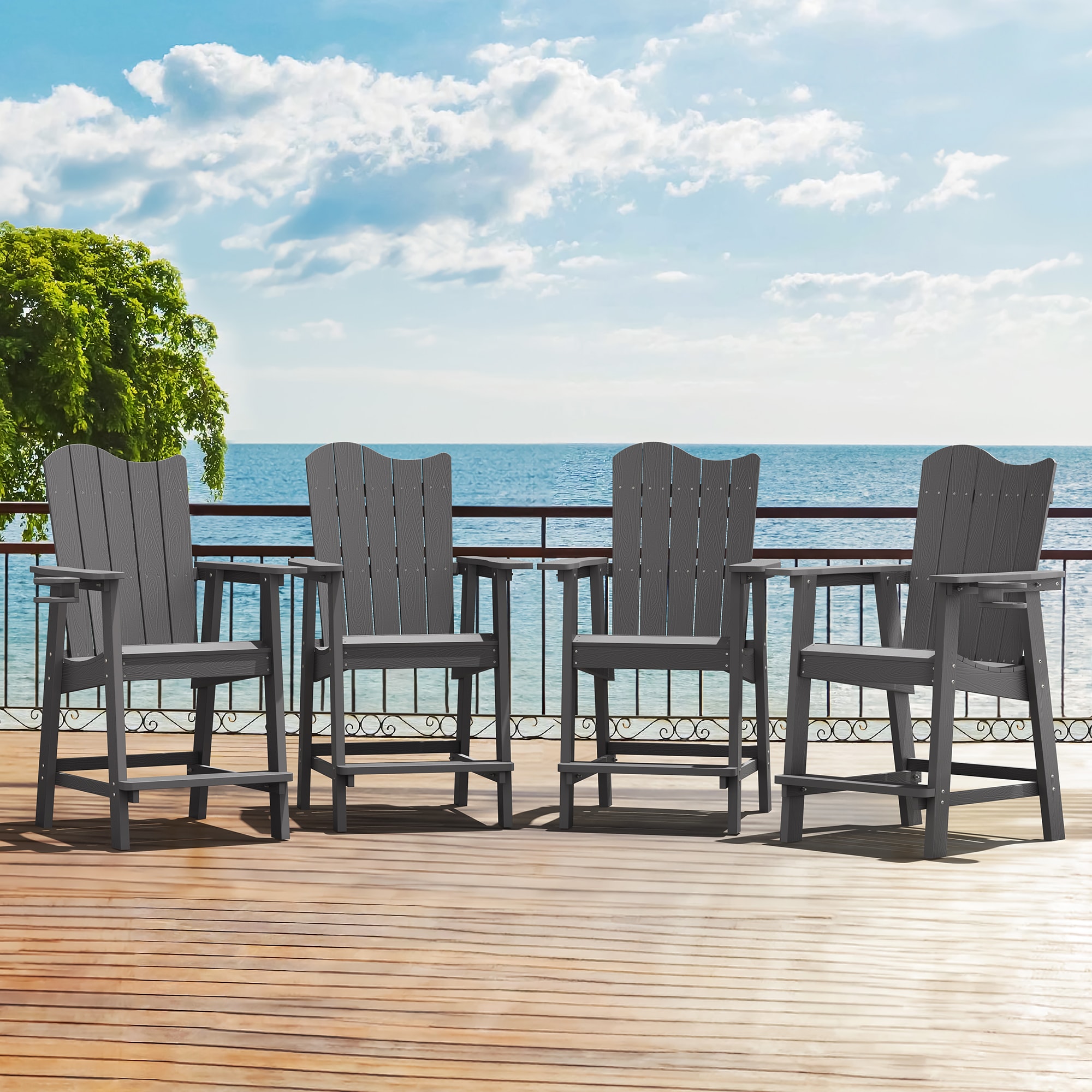 LUE BONA 4LB23PC0009-300LS Set of 4 Dark Gray HDPE Frame Spring motion Adirondack Chair with Slat Seat