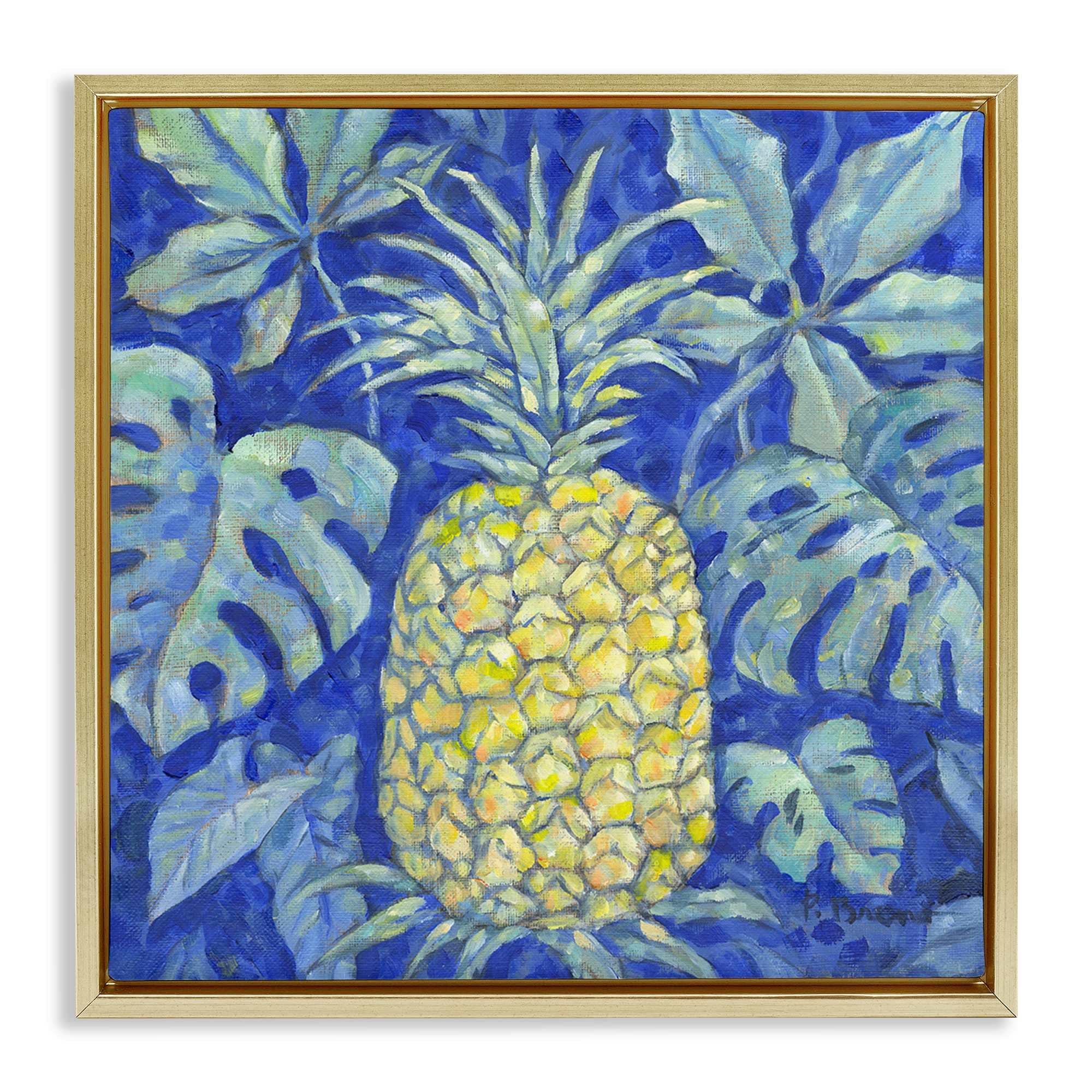 Stupell Industries BT-735-FFG-17X17 Tropical Pineapple on Blue Gold Framed Floater Canvas Wall Art By Paul Brent 18 x 18