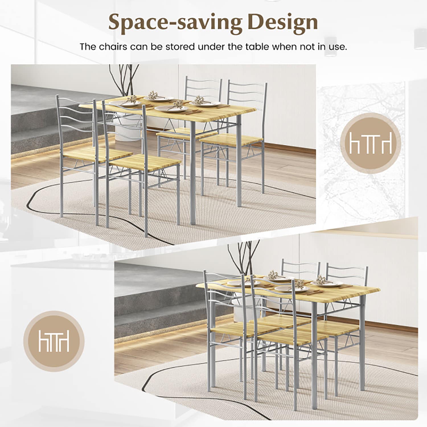Walnut and Silver Metal 5-Piece Dining Set with MDF Chairs