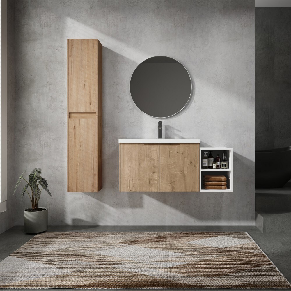 Basdien 41 in Brown Wall Mounted Bathroom Vanity With Sink and 2 Side Cabinets Storage Shelf Soft Close Doors Modern Plywood Construction Resin Basin Ample Easy Assembly 4 Packages Included Faucet Drain Pop Up Back Splash Brackets Not Included