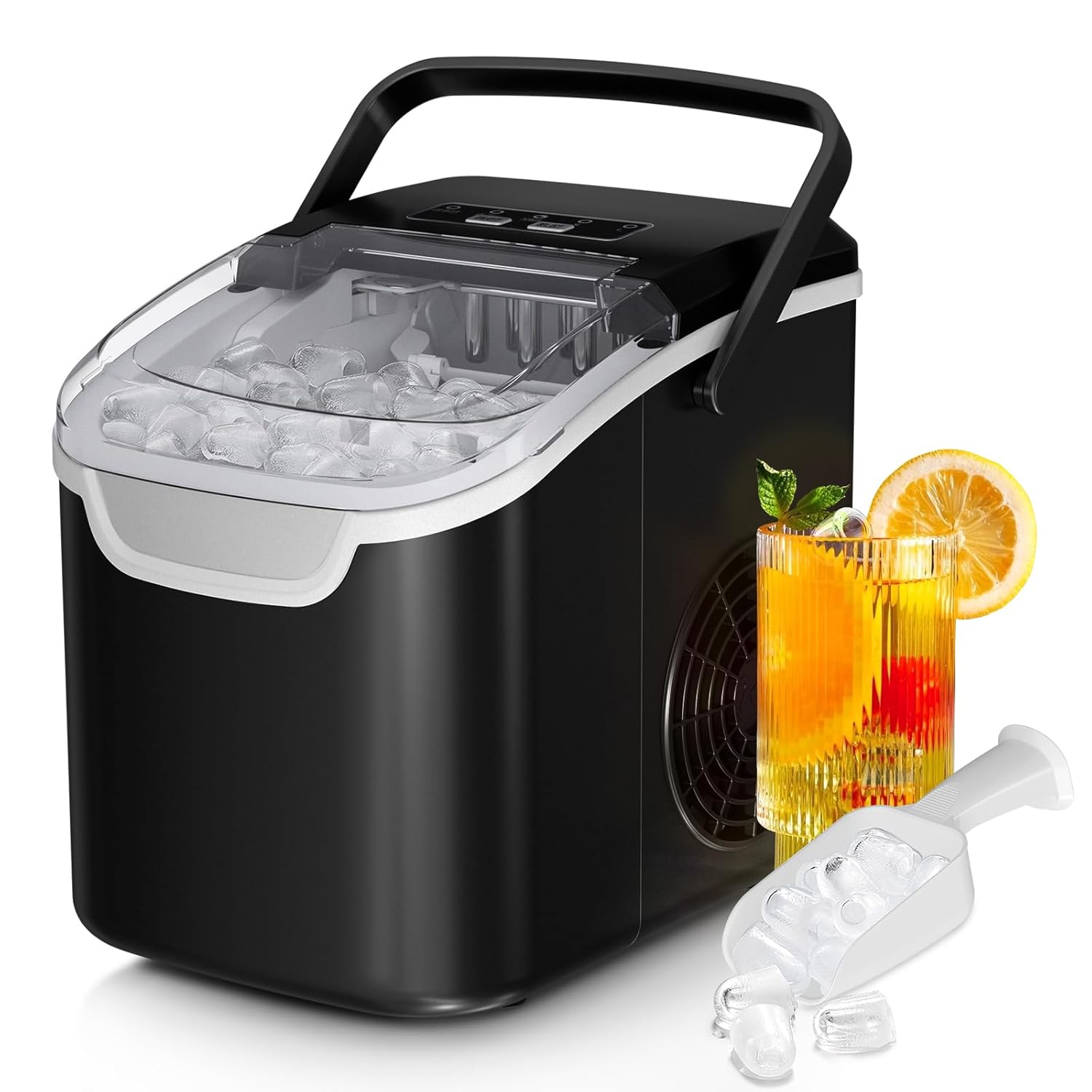 Ecoself Ice Maker Machine 8 Ice Cubes in 6 Mins 26lb per Day Ice with 2 Sizes Portable Mini Energy Saving and Basket Scoop for Home Party Travel Camping Bar Black