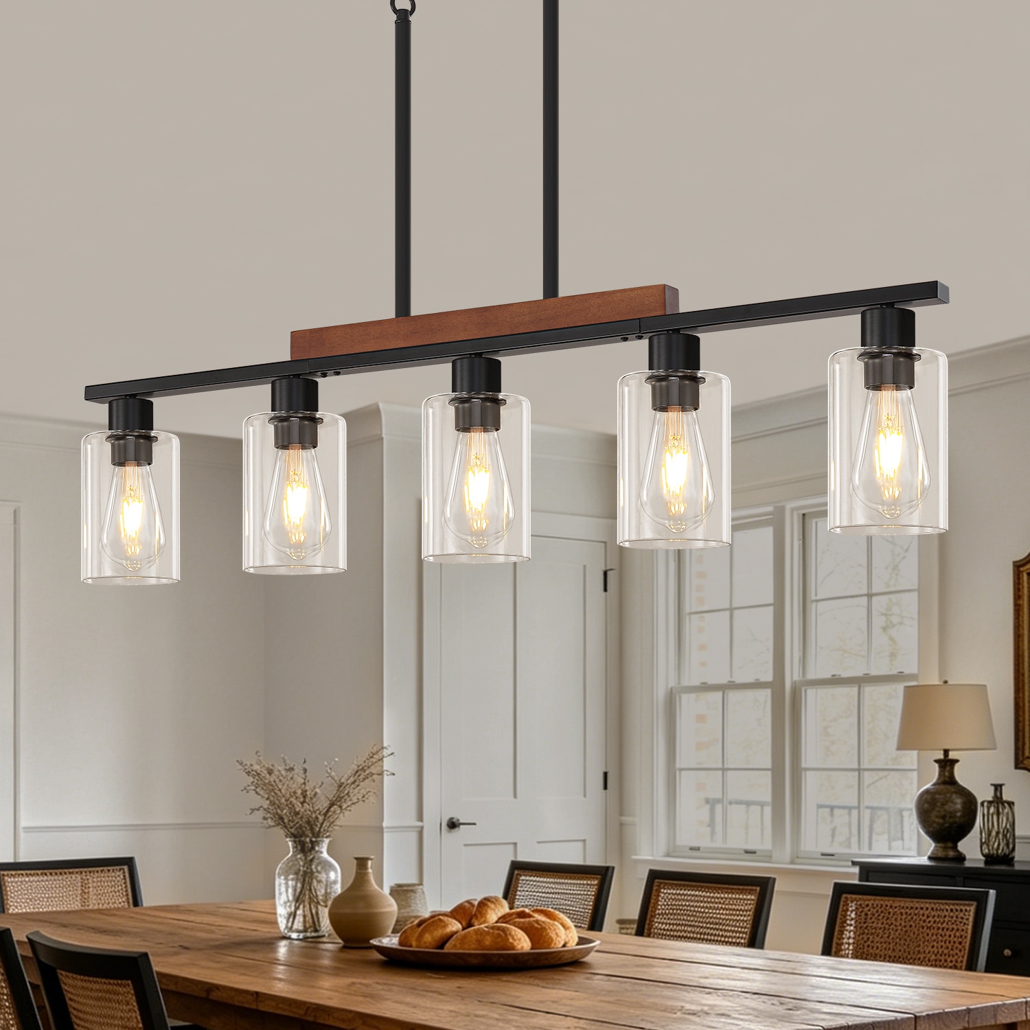 ZSMIHDOH 5 -Light Black Farmhouse Clear glass Linear Large Hanging Kitchen Island Light