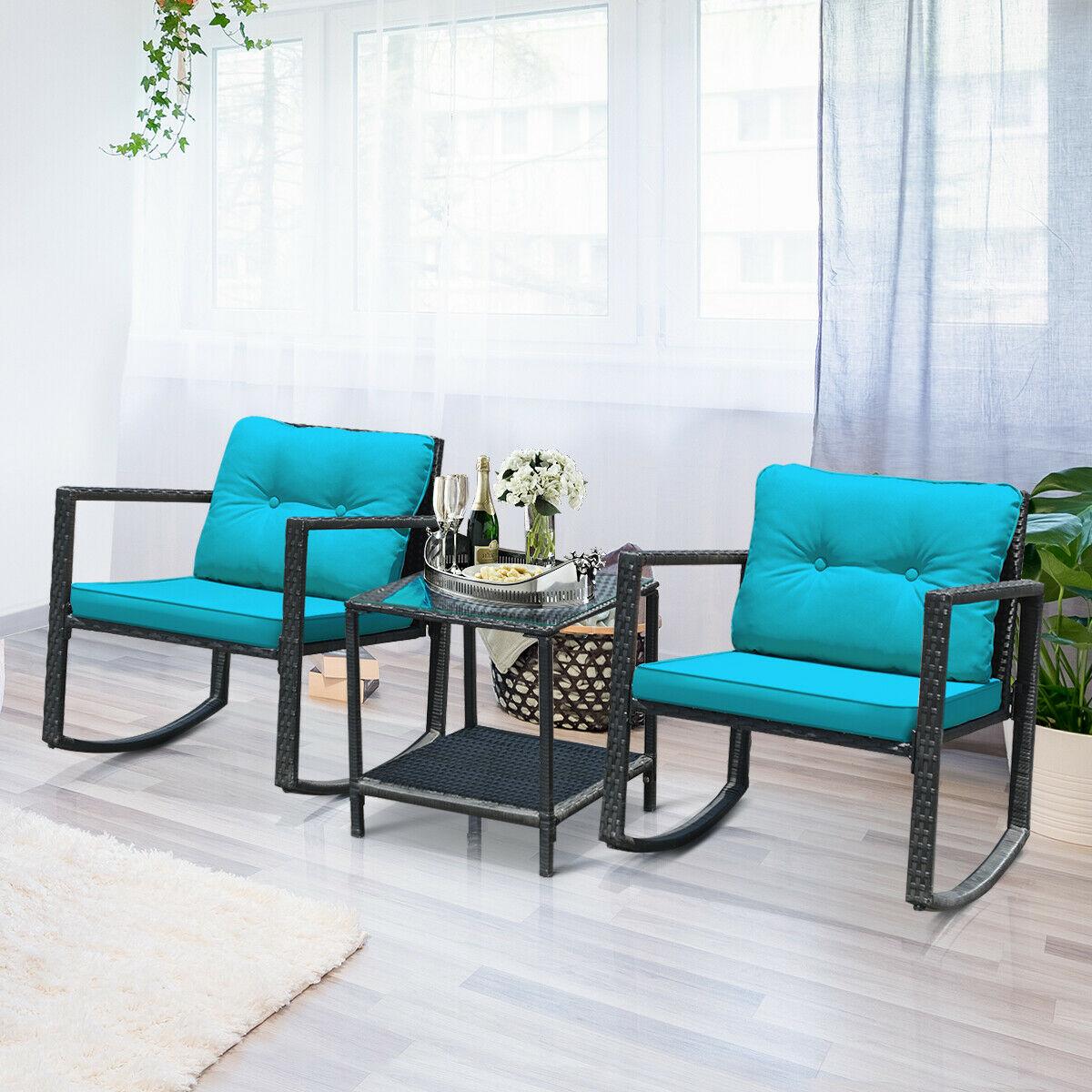 BABOOM BOM-2861TU-CO 3 -Piece Rattan Patio Conversation Set with Blue Cushions