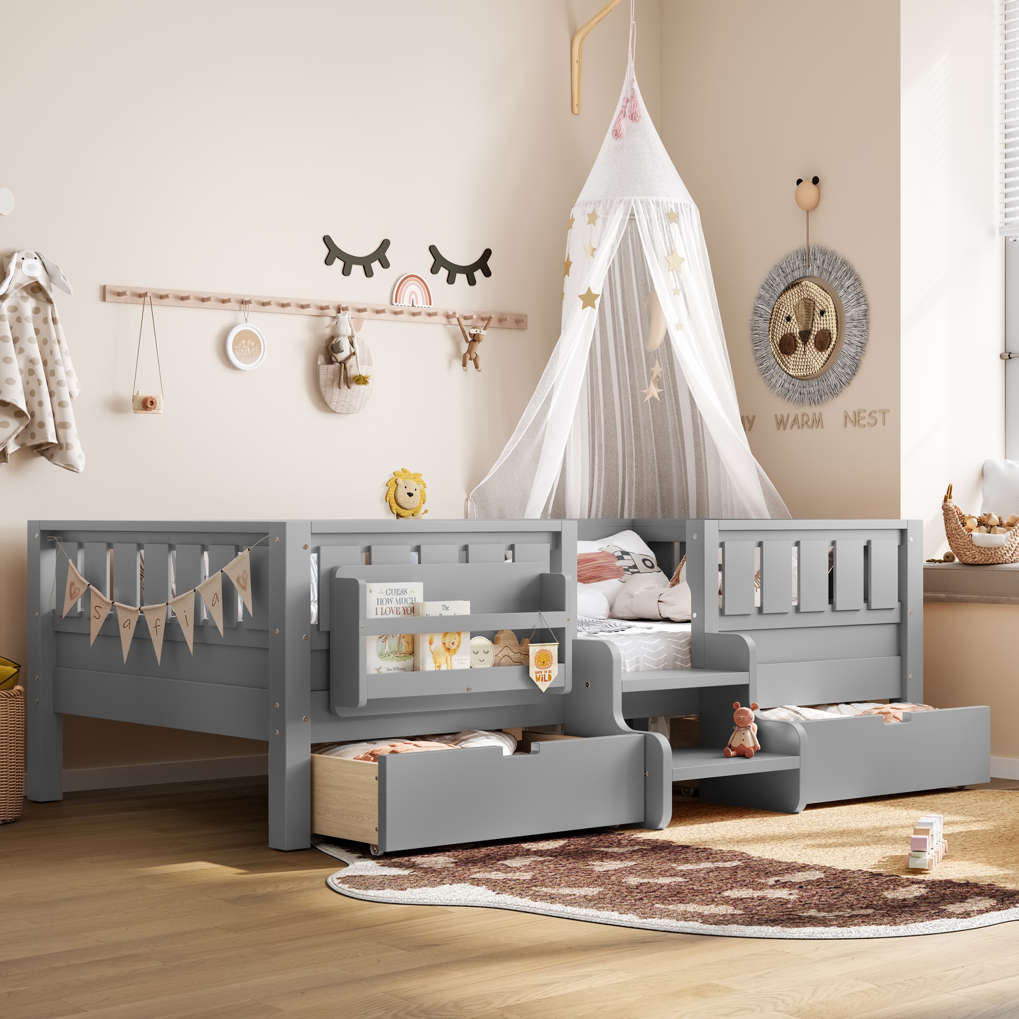 Hrinhom - Twin GRAY Wood Platform Bed with Headboard