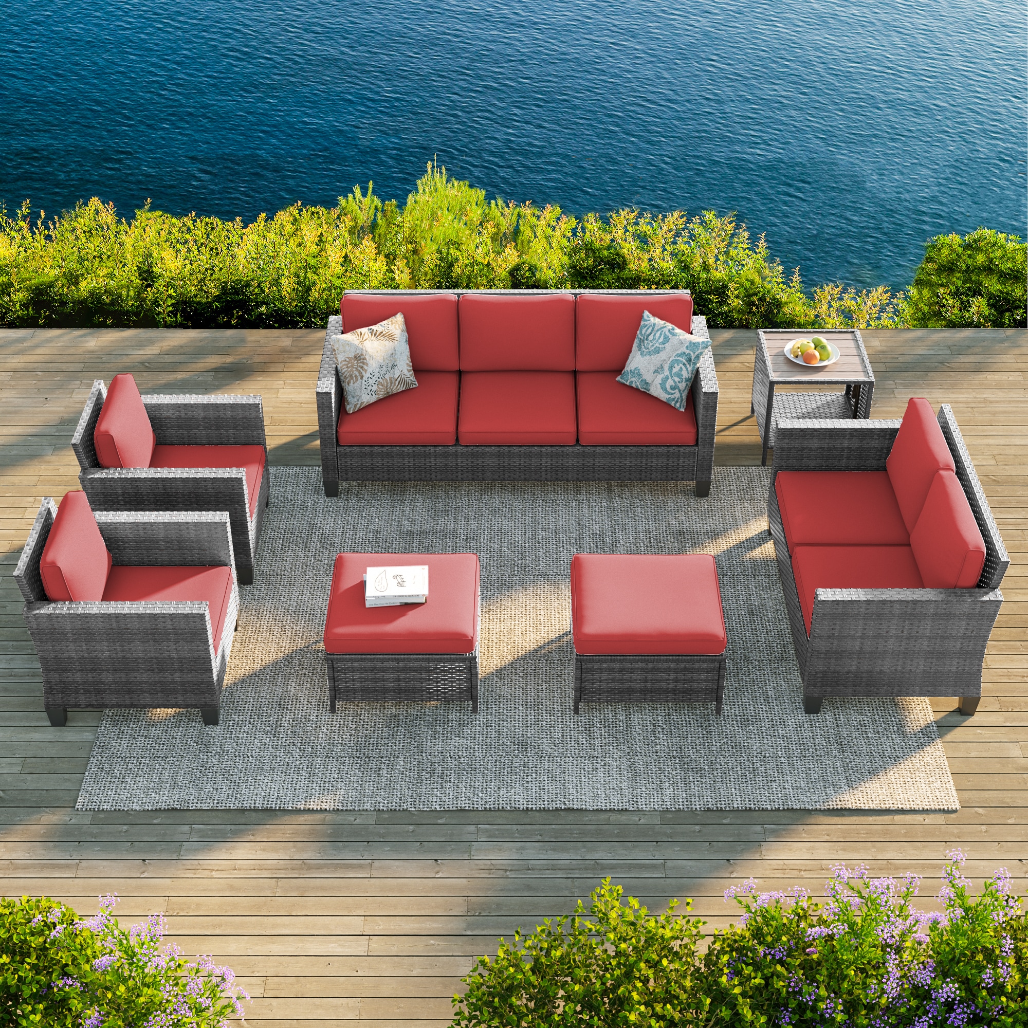 Sonkuki SD-PS-115HOG-S3T3 Patio Conversation Set 7 -Piece Wicker Patio Sofa Conversation Set with Red Cushions