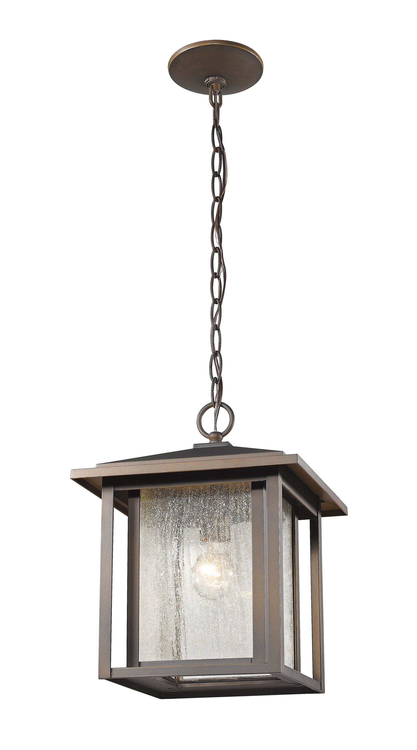 Aspen Oil Rubbed Bronze Modern/Contemporary Seeded Glass Square Outdoor Hanging Pendant Light | - Z-Lite 554CHB-ORB