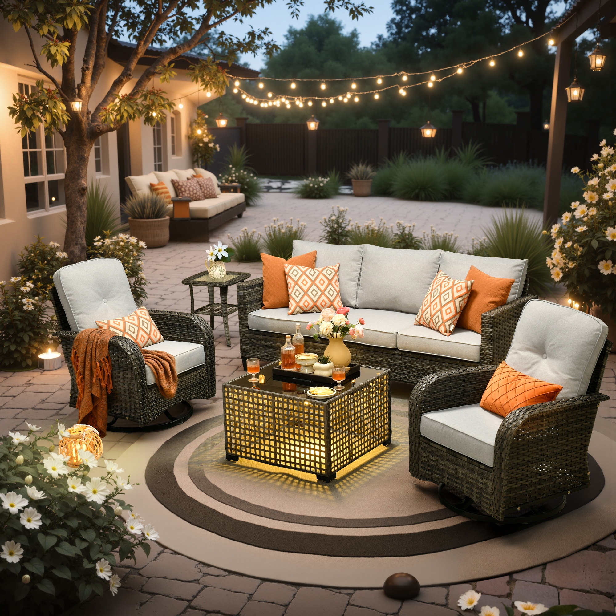 XIZZI XINGRS4052-T Sapphire 5 -Piece Rattan Patio Sofa Conversation Set with Light Gray Cushions