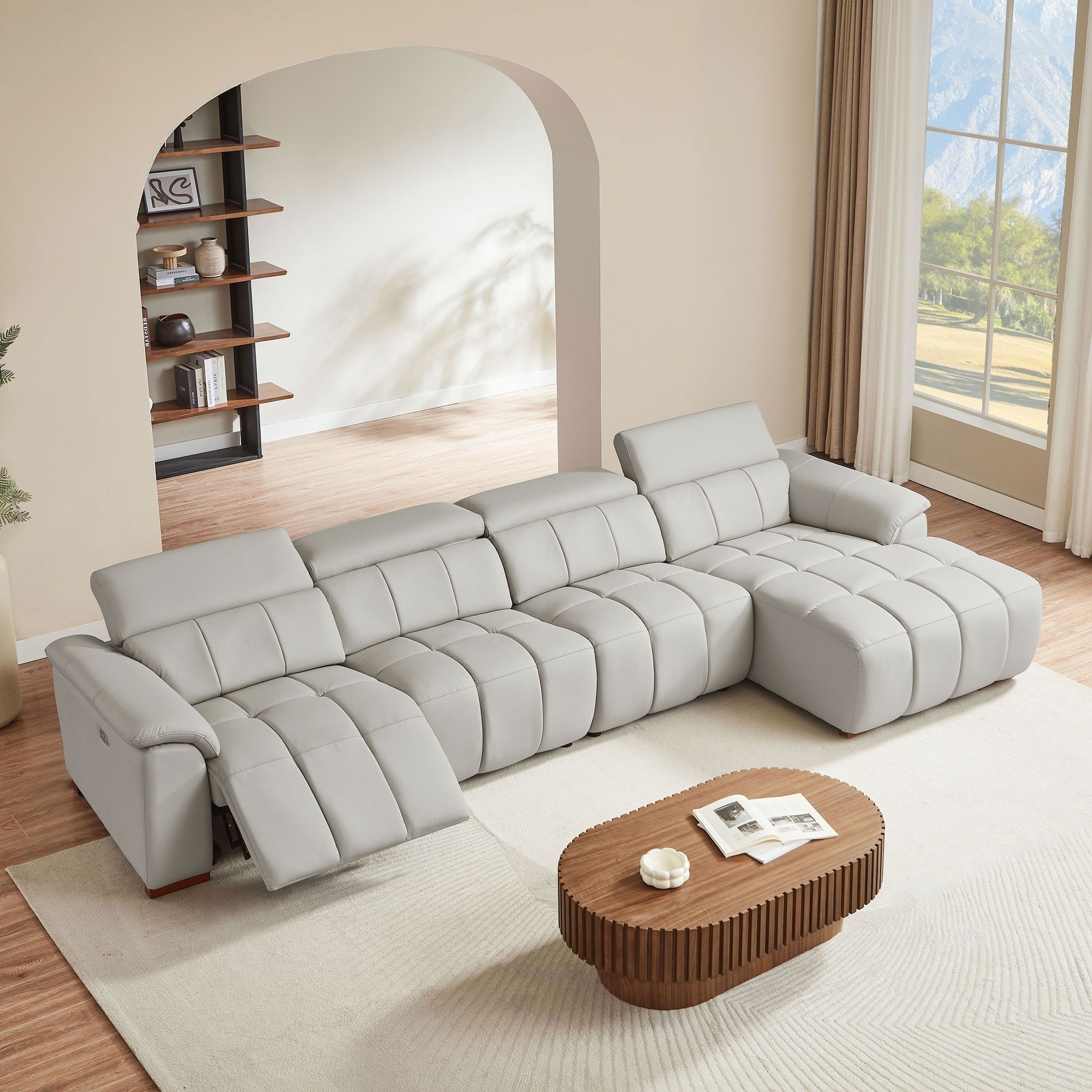 UOI 145 inch L x 66 inch W x 29 inch H Light Grey Genuine Leather 4 Seats Wall-Hugger Reclining Sofa with Electric Control and USB Port