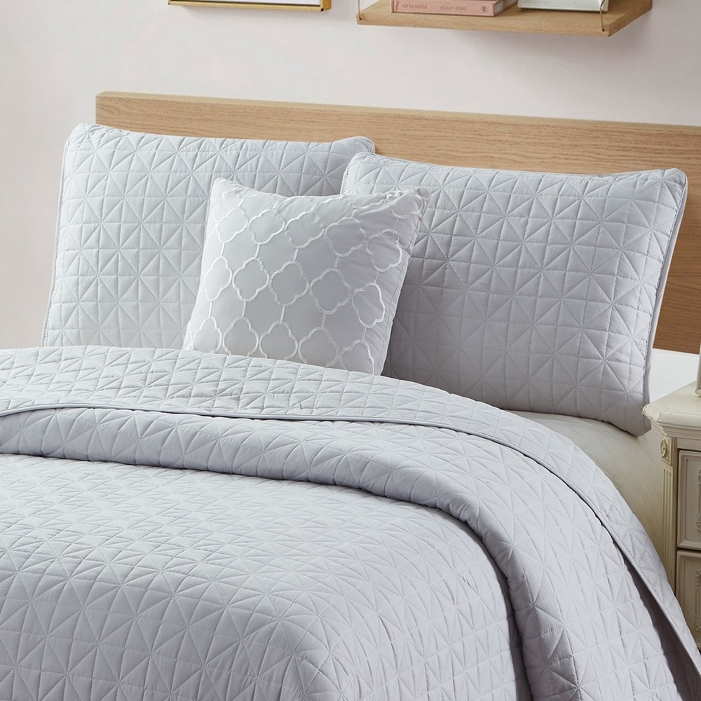Bibb Home 4 Piece Quilt Set with Cushion Silver Solid Reversible King ...
