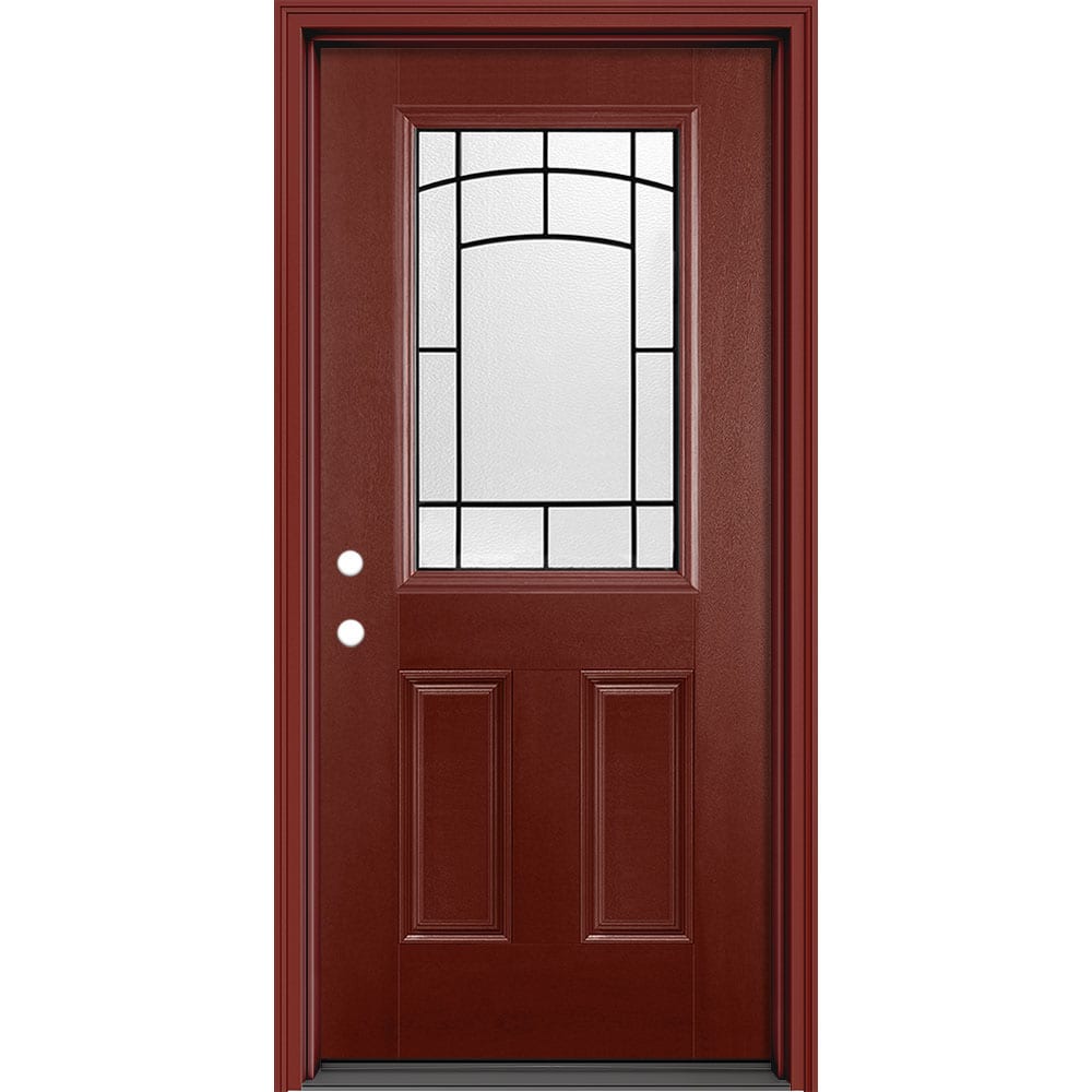 Masonite 631865 Brooklyn 36-in x 80-in x 4-9/16-in Fiberglass 3/4 lite Right-hand inswing Currant Painted Prehung Slab Front Door with Brickmould Solid core