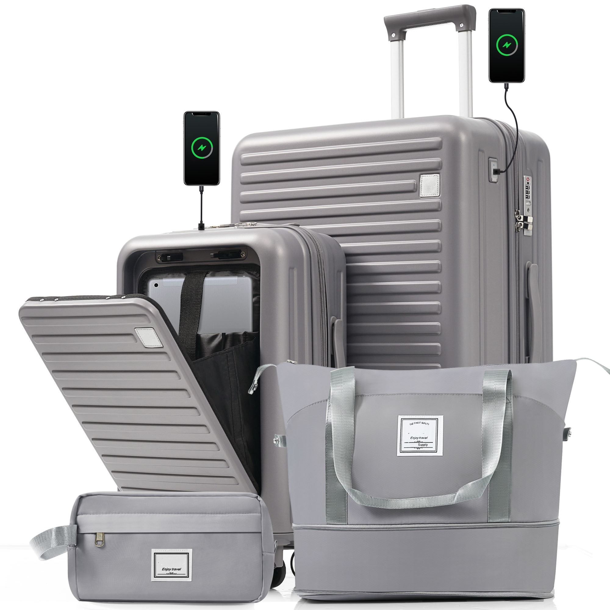 ModernLuxe L3P-N726P268997E 4Piece Luggage Set with USB Charging Ports  20in CarryOn FrontOpening for Laptop 28in Checked Suitcase with TSA Lock Travel Duffel Bag WetDry Toiletry Bag grey blue