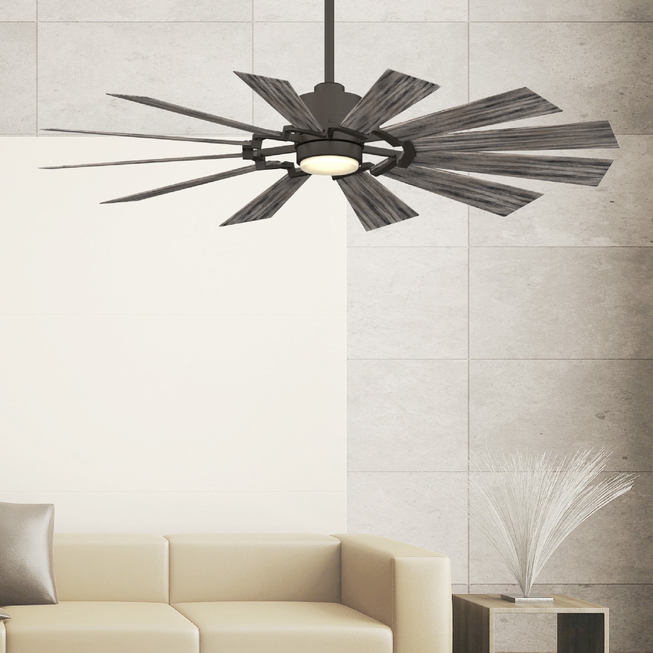 Fanimation Studio Collection Kindred 60-in Matte Greige Color-changing  Integrated LED Indoor/Outdoor Ceiling Fan with Light and Remote (12-Blade)  in the Ceiling Fans department at