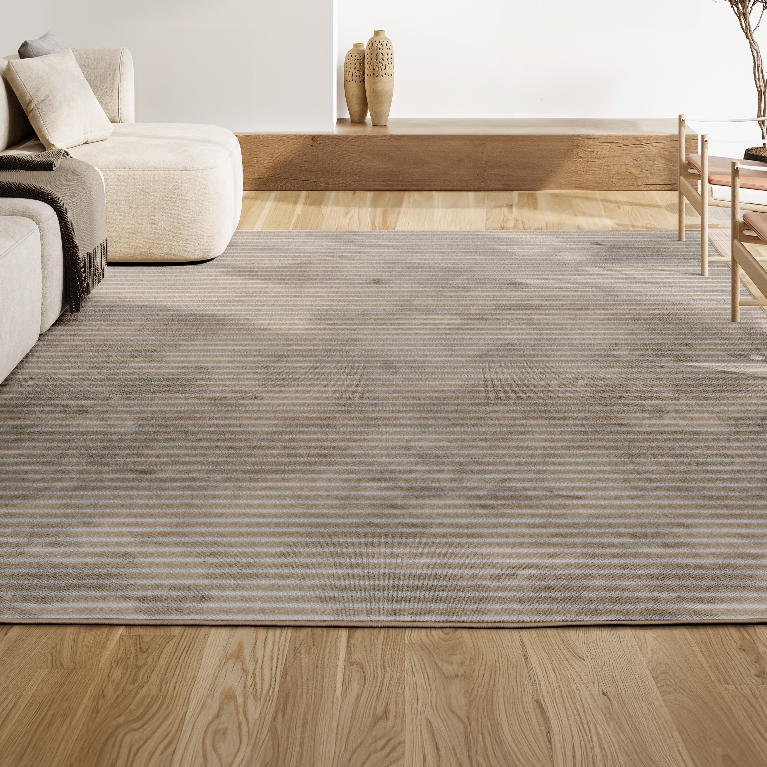 Aarhus Beige and Cream Striped 8' x 10' Synthetic Area Rug