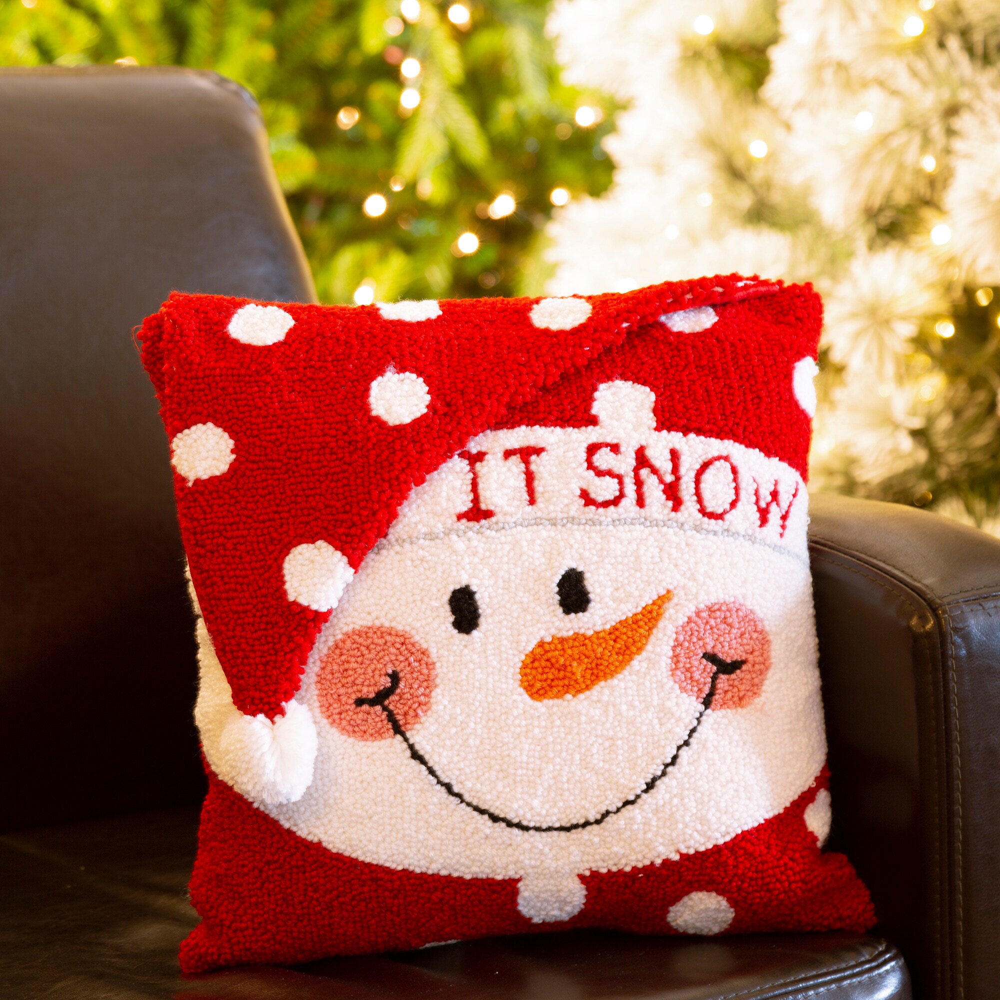 Glitzhome 14 in. H Christmas Hooked 3D Santa and Snowman Pillow