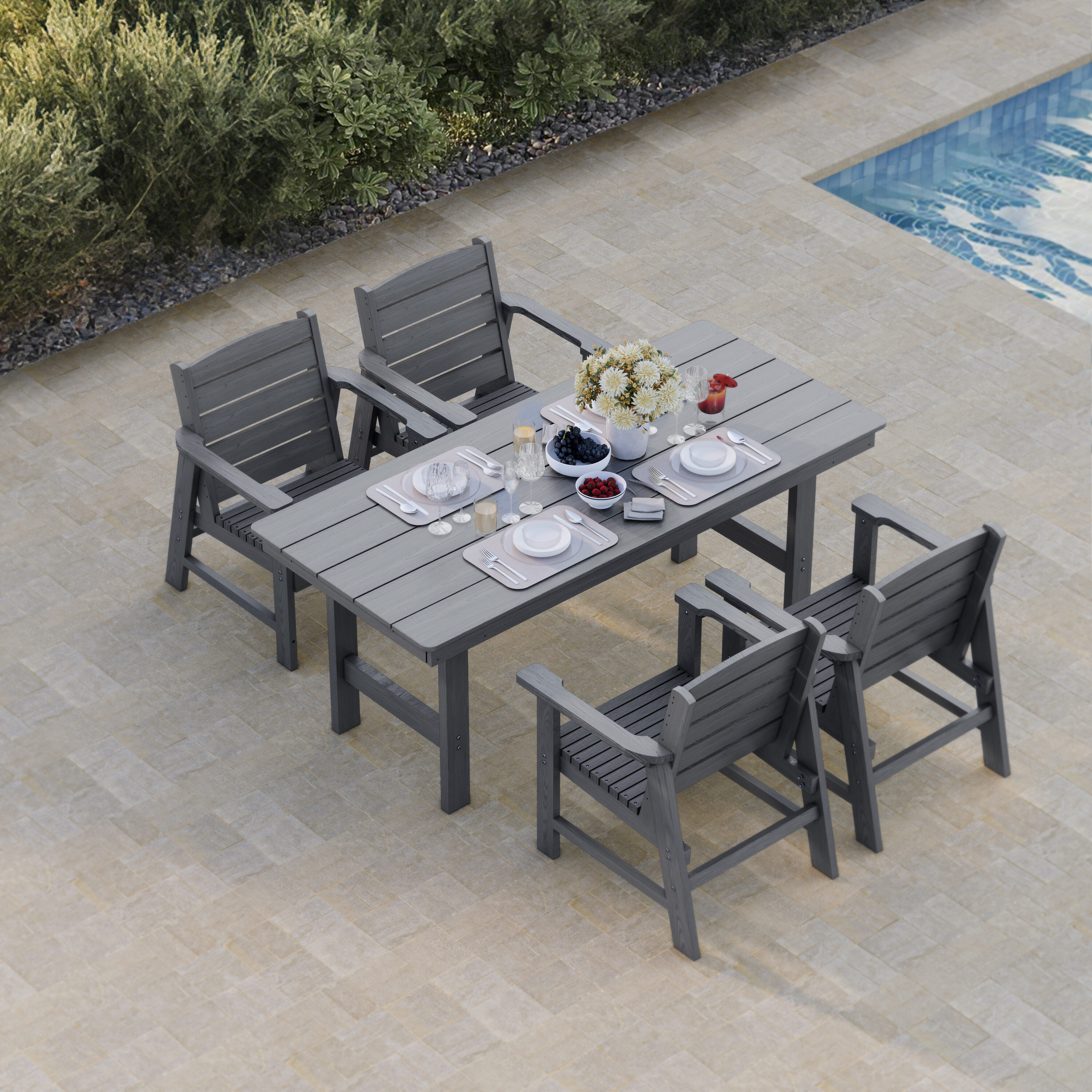Fortune Candy EX071-G+4DC002BR-G 5 Piece Modern HDPE Weather Resistant Patio Dining Set Includes Poly Lumber Chair and 70.7'' Table with Umbrella Hole