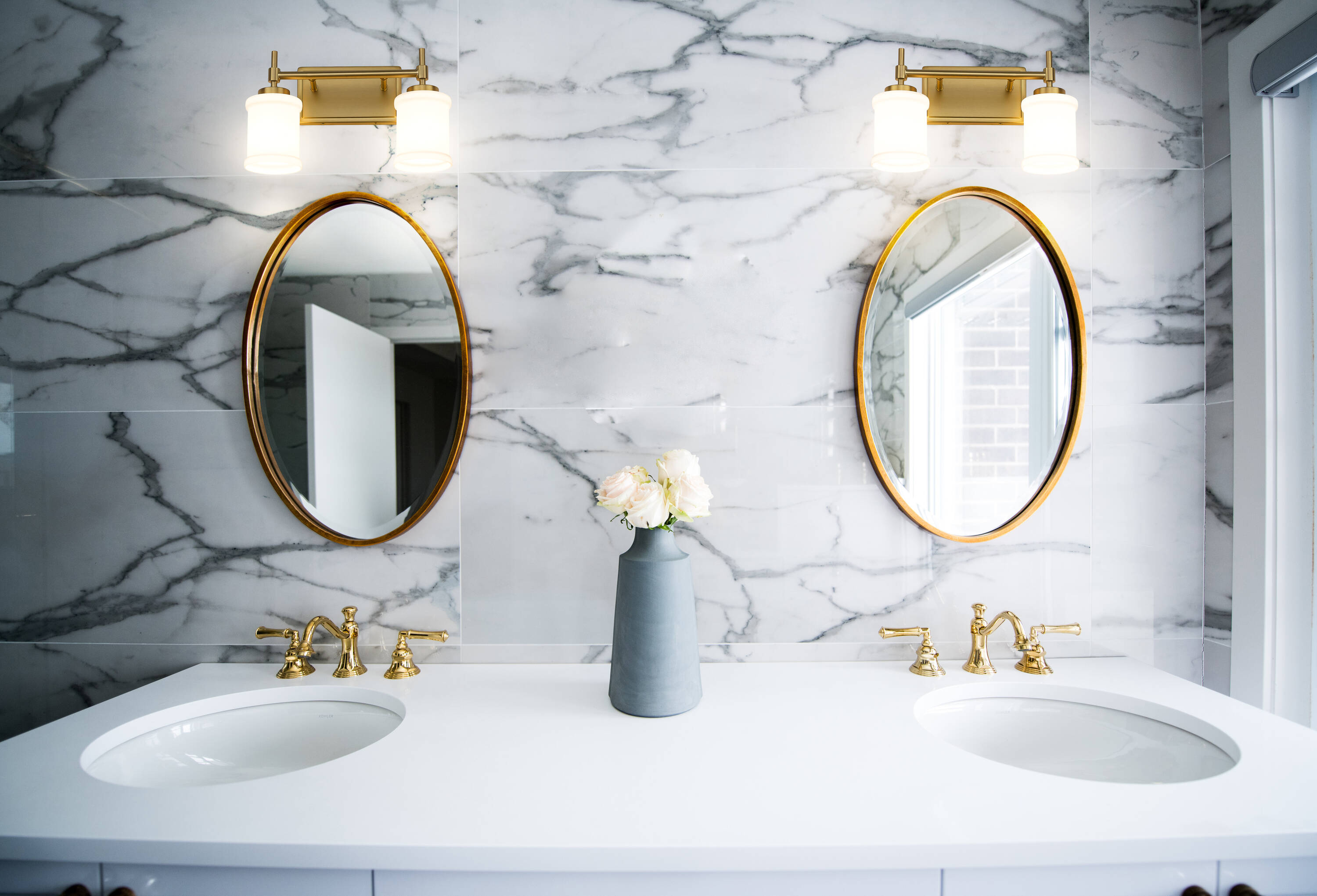 Modern Gold 2-Light Dimmable Vanity Fixture with White Glass Shades