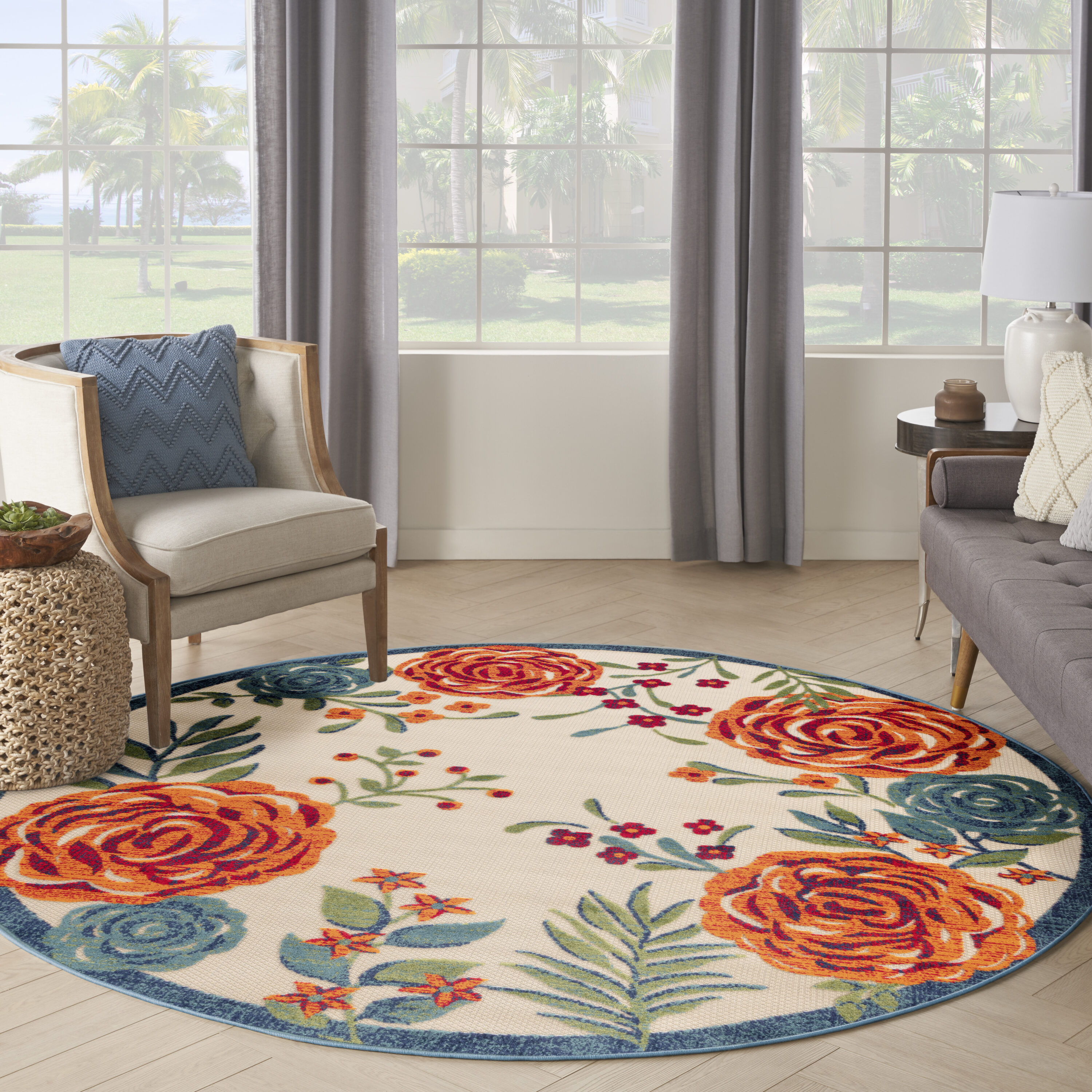 Nourison Home 099446952554 5 x 5 (ft) Loomed Polypropylene Ivory Multicolor Round Indoor/Outdoor Floral/Botanical Farmhouse/Cottage Area rug