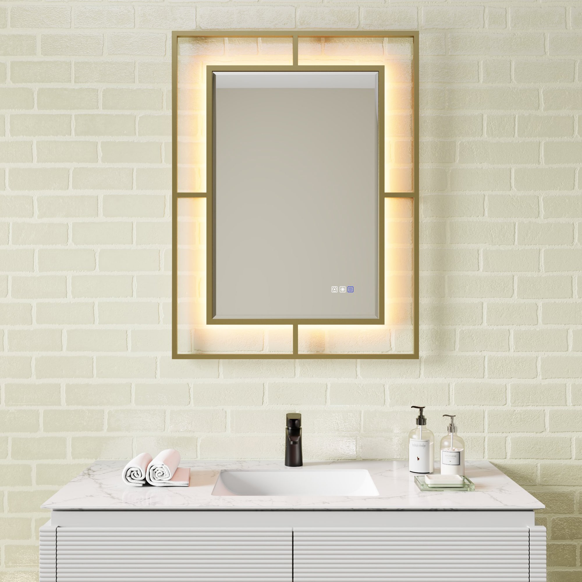 ExBrite EXBM3040V10GXX 30-Inches x 40-Inches Framed Rectangle Dimmable LED Lighted Fog Free Bathroom Vanity Mirror ( Gold )