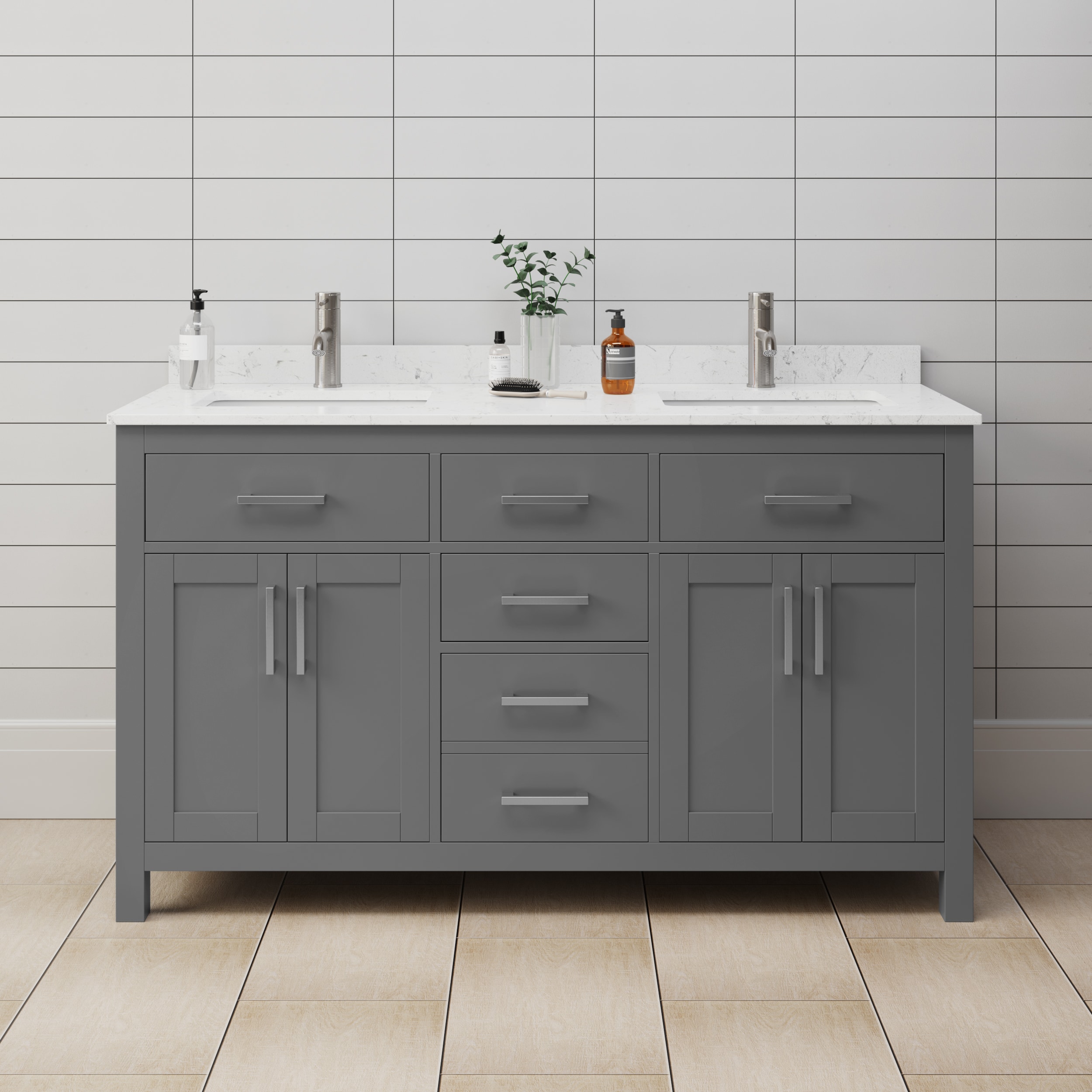 Wyndham Collection WCG242460DKGCCUNSMXX Beckett 60-in Dark Gray with Brushed Nickel Trim Undermount Double sink Bathroom Vanity with Carrara Cultured Marble Cultured marble Top